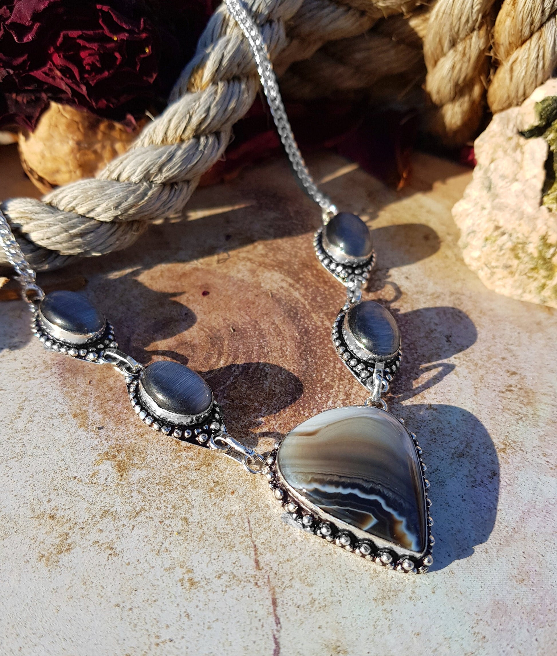 Botswana Agate And Hematite Statement Necklace In Sterling Silver, Multi Stone Necklace