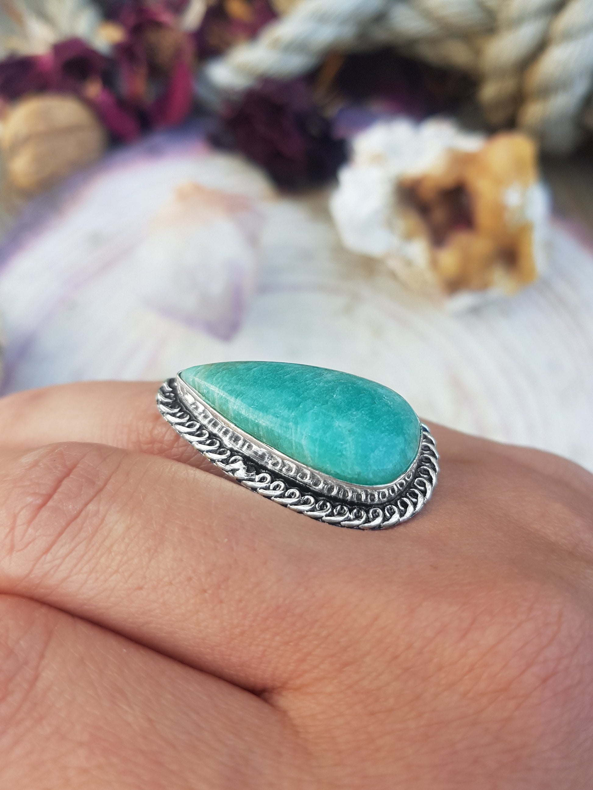RESERVED Amazonite Statement Ring Sterling Silver Gemstone Ring Size US 7 1/4