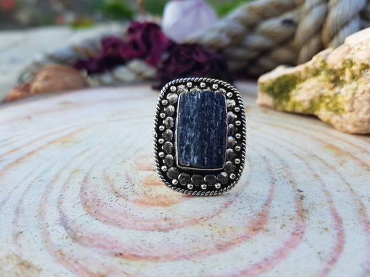 Rough Black Tourmaline Ring Size US 9 Big Statement Ring In Sterling Silver Boho Ring Ethnic Ring Unique Gift