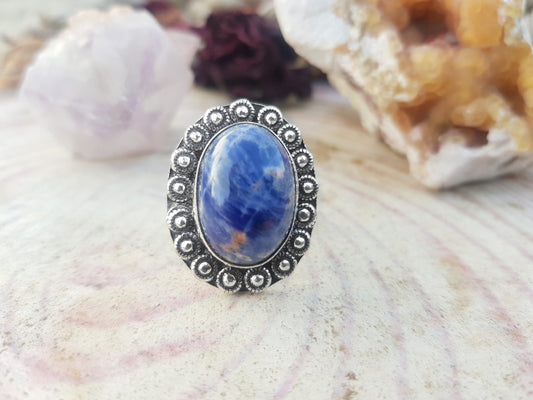 Blue Sodalite Statement Ring Size US 8 1/4 Sterling Silver Gemstone Ring