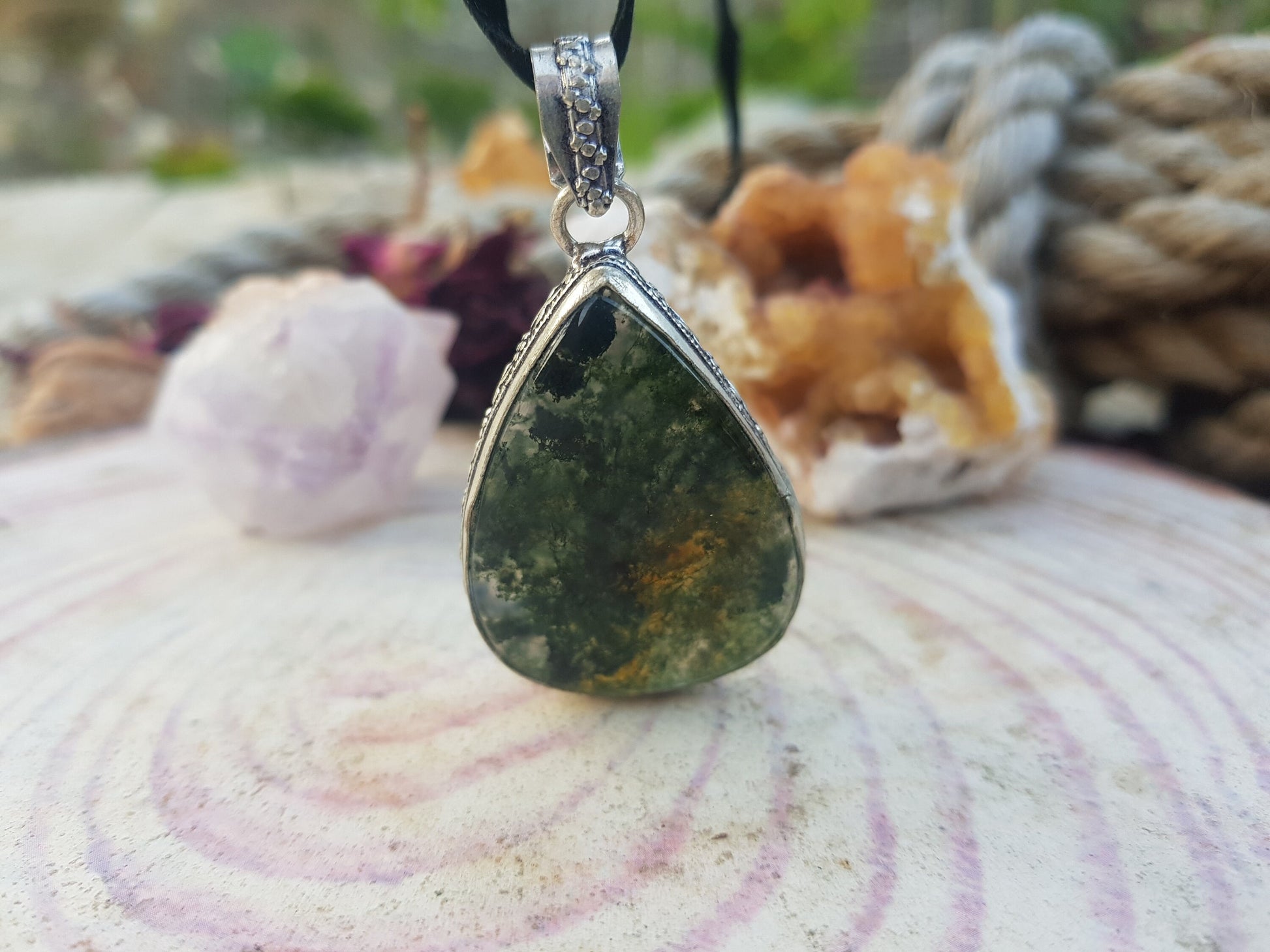 Moss Agate Pendant In Sterling Silver Boho Gemstone Pendant One Of A Kind Jewelry Unique Gift