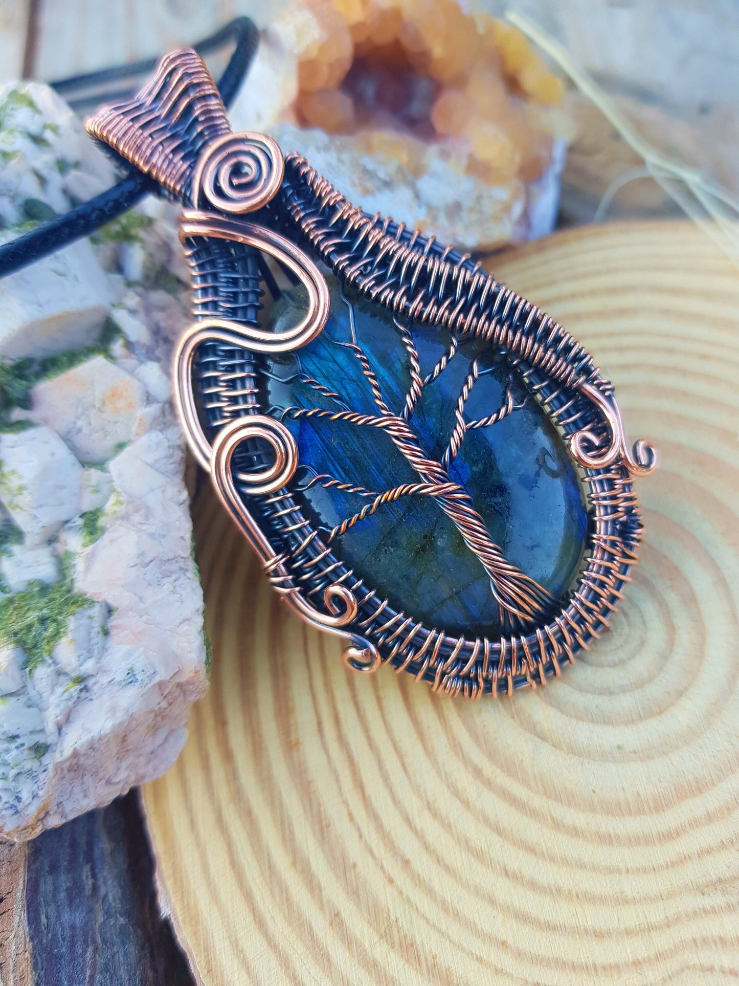 Wire Wrapped Necklace With A Natural Labradorite Gemstone In A Tree Design