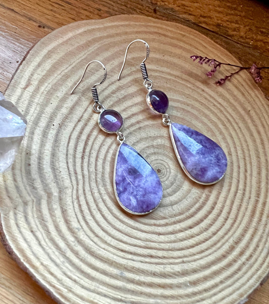 Purple Charoite And Amethyst Earrings In Sterling Silver Dangle Earrings
