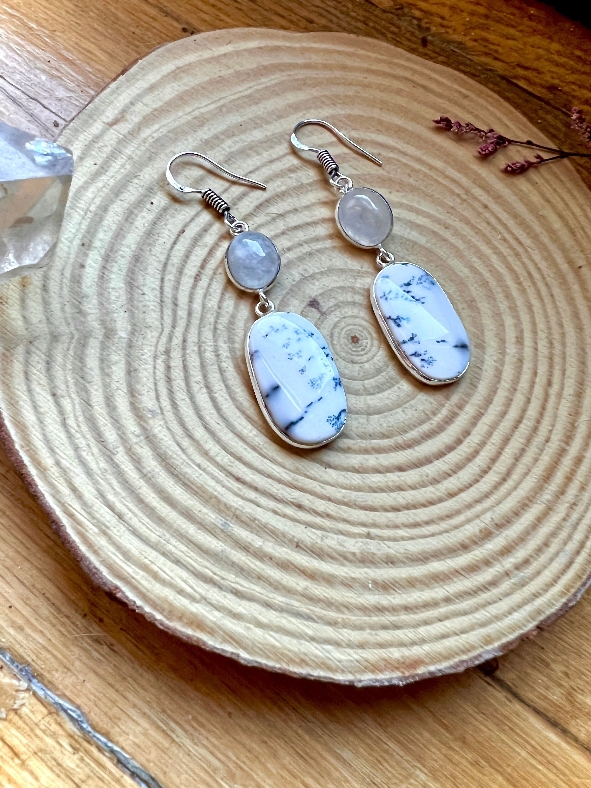Dangle Earrings With Dendritic Opal And Rainbow Moonstone.