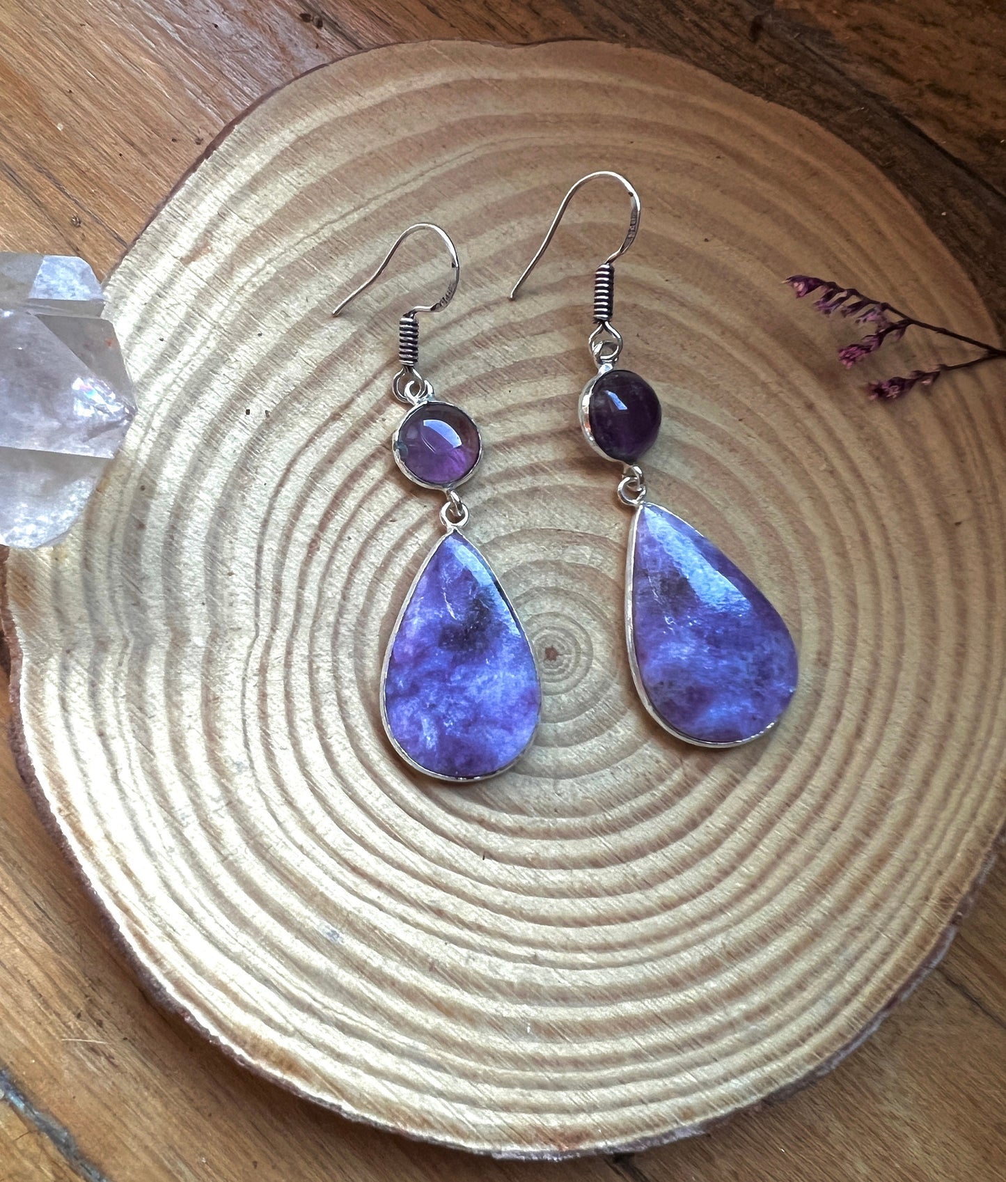 Purple Charoite And Amethyst Earrings In Sterling Silver Dangle Earrings