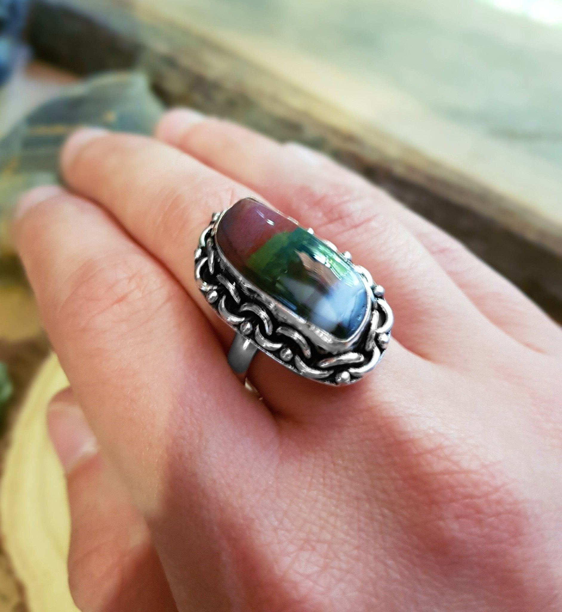 Jasper Statement Ring In Sterling Silver Size US 9 3/4 Boho Crystal Ring GypsyJewelry Unique Gift Unisex Ring - LunarGem - 