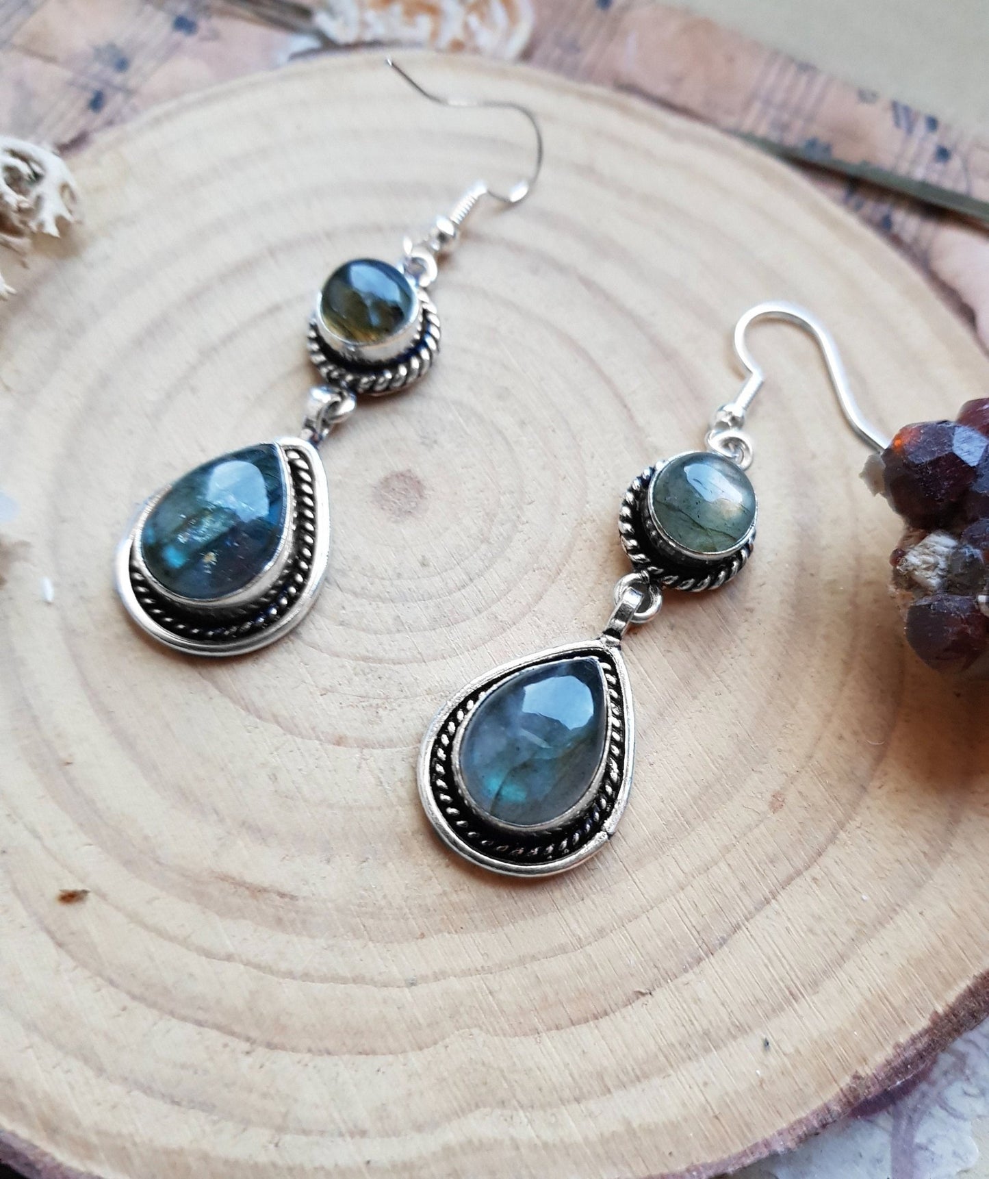 Labradorite Dangle Earrings In Sterling Geometric Statement Earrings Boho Gemstone Earrings Unique Gift - LunarGem - 