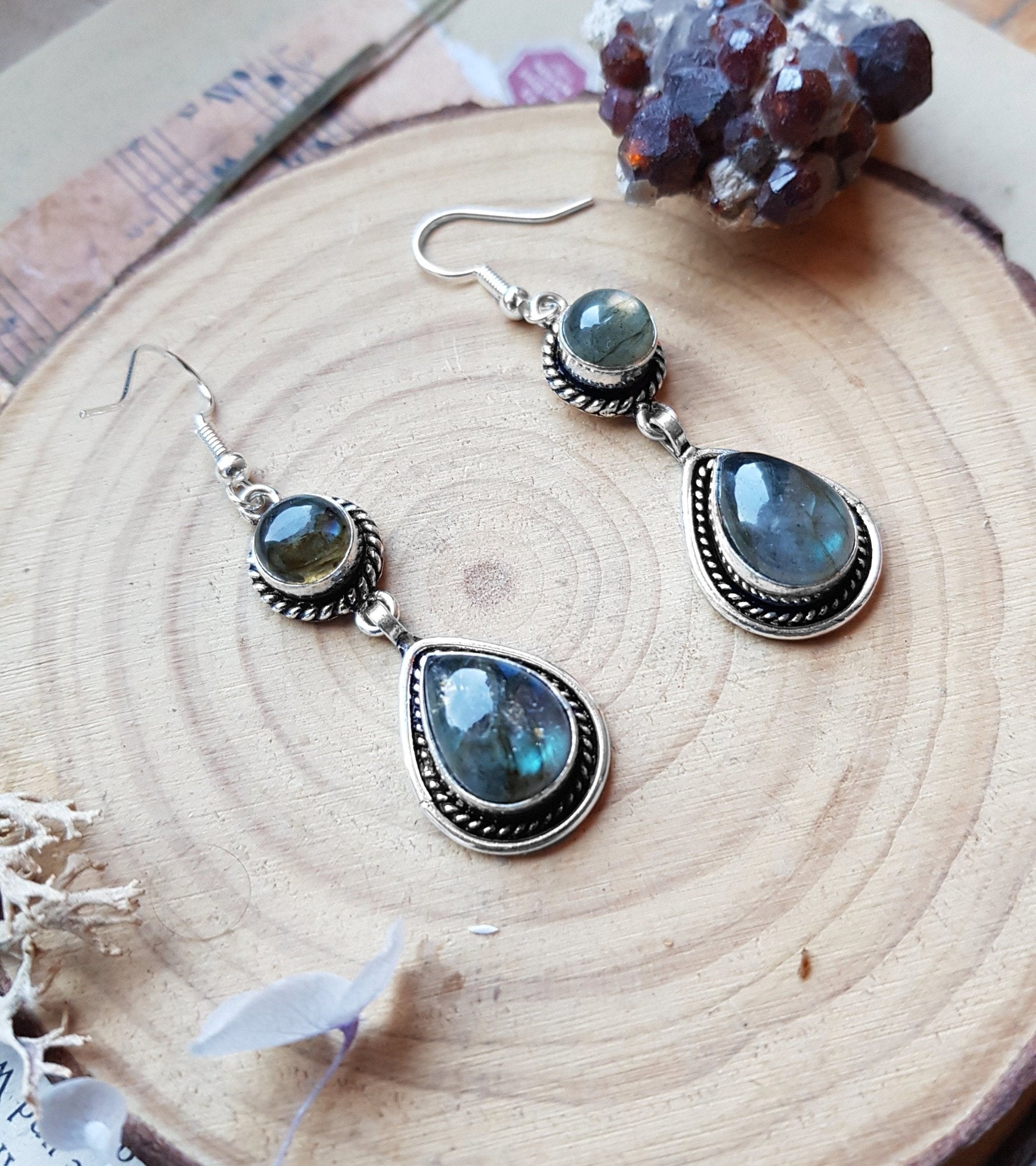 Labradorite Dangle Earrings In Sterling Geometric Statement Earrings Boho Gemstone Earrings Unique Gift - LunarGem - 