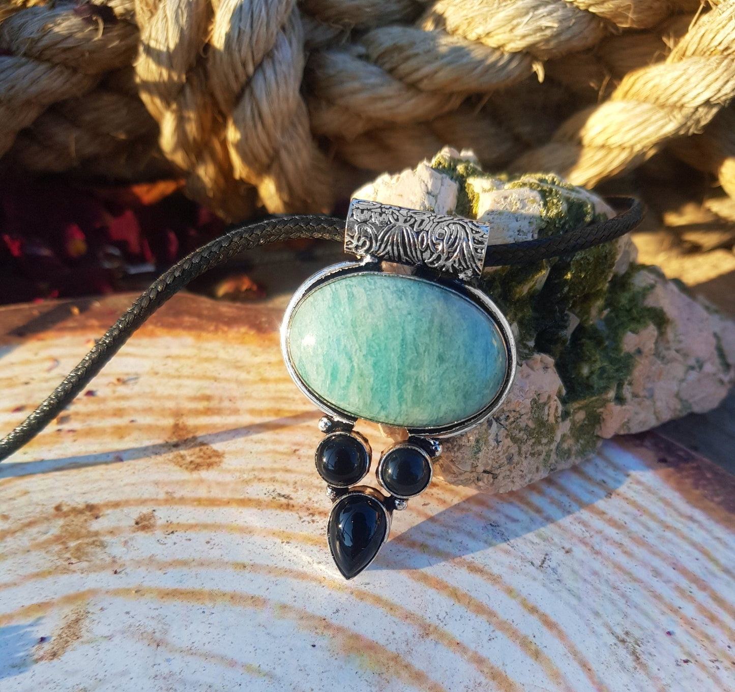 Light Blue Amazonite Necklace In Sterling Silver, Multi Stone Statement Necklace - LunarGem - 