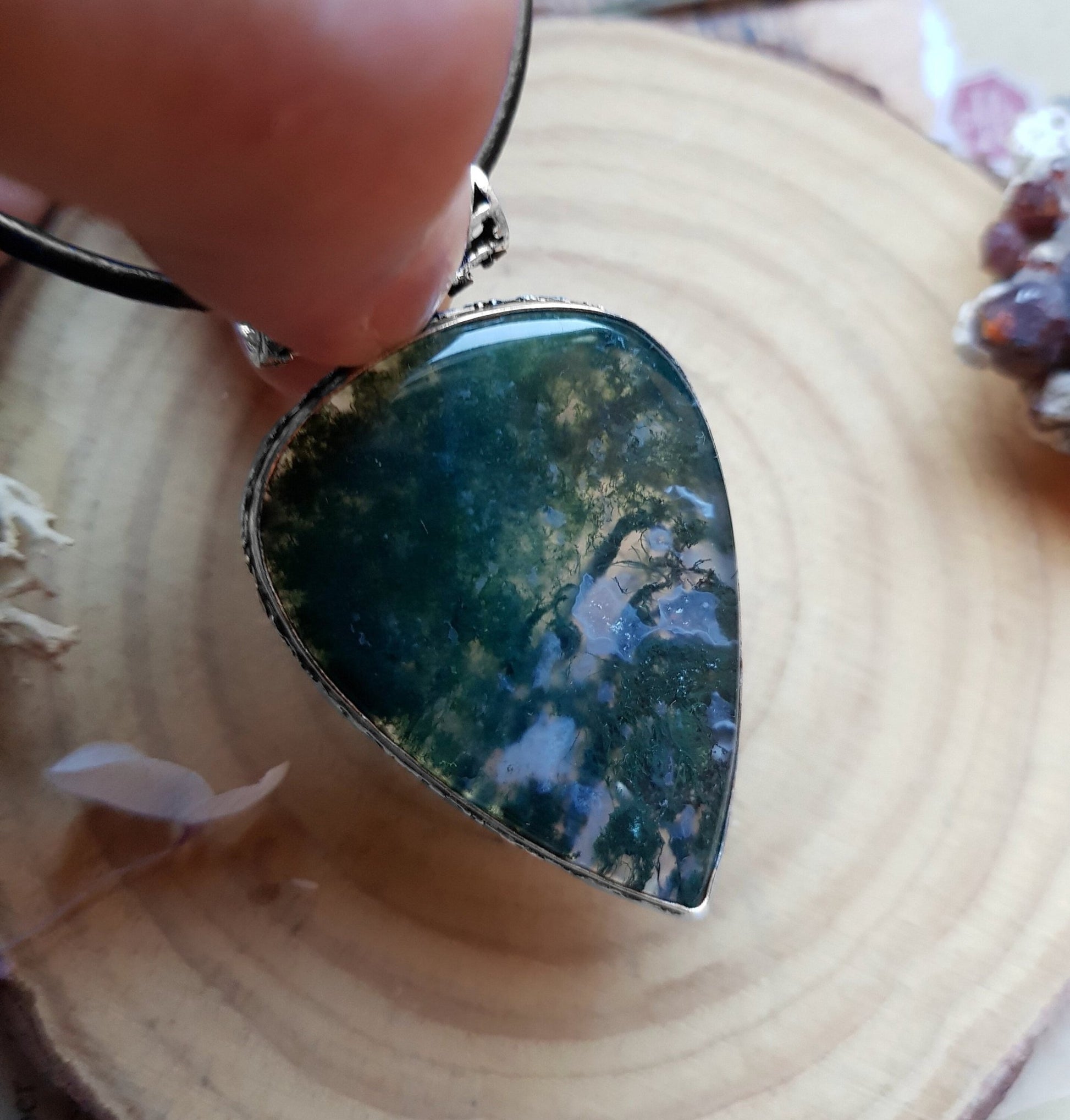 Moss Agate Pendant In Sterling Silver Boho Gemstone Pendant One Of A Kind Jewelry Unique Gift - LunarGem - 