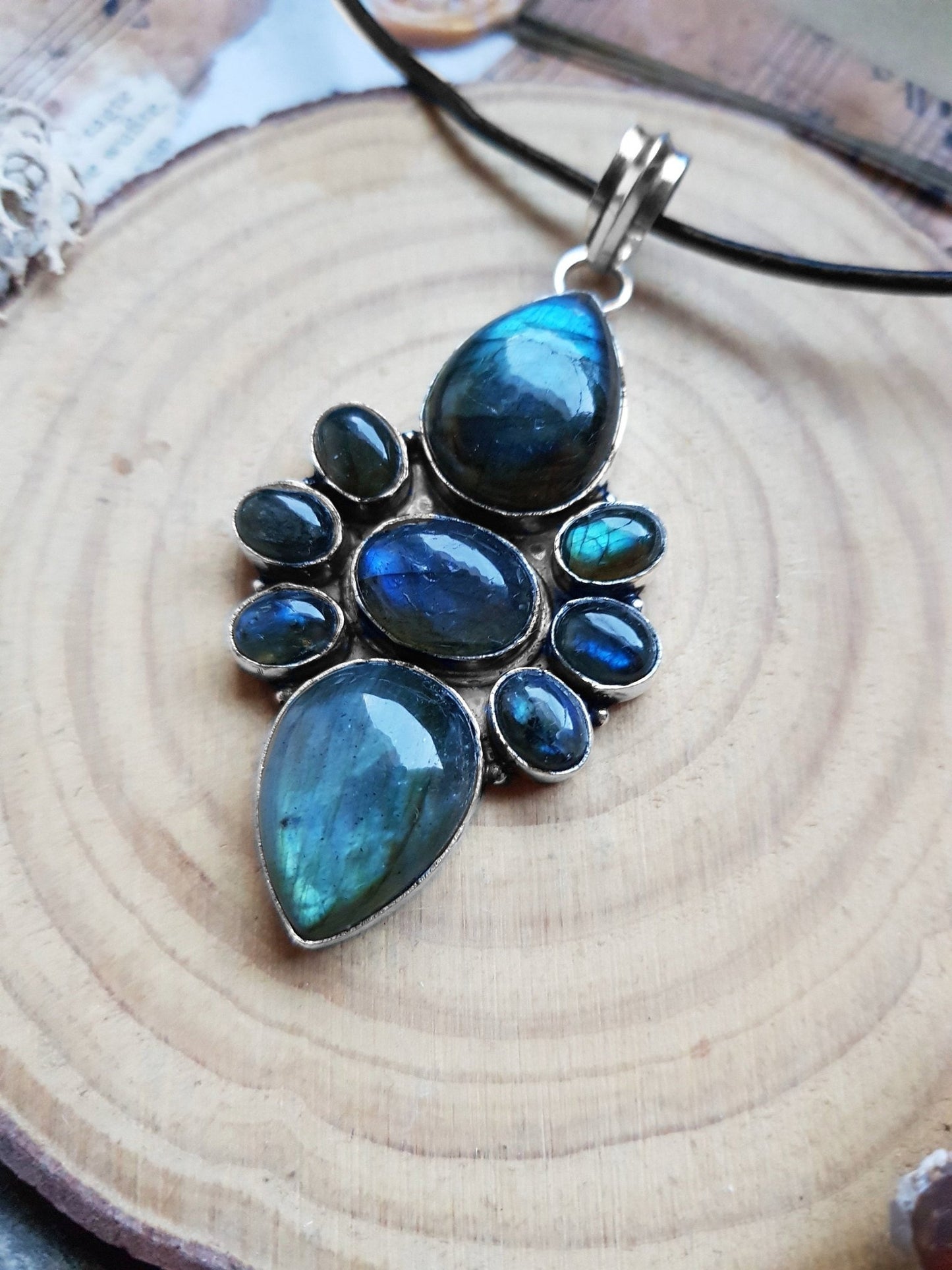 Multi Stone Big Labradorite Pendant In Sterling Silver Big Statement Pendant Unique Gift Gemstone Lover Gift Boho Pendant GypsyJewelry - LunarGem - 