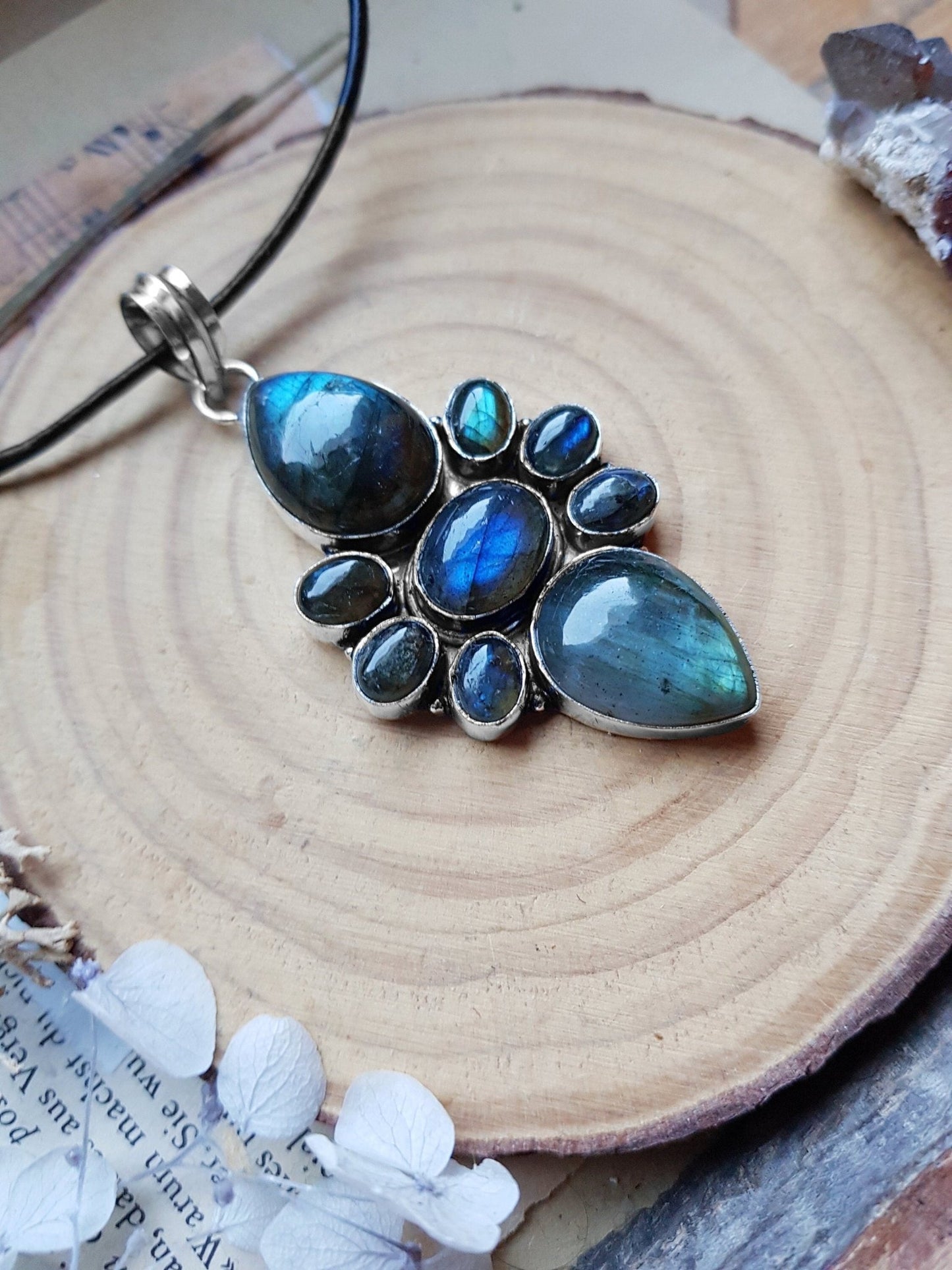 Multi Stone Big Labradorite Pendant In Sterling Silver Big Statement Pendant Unique Gift Gemstone Lover Gift Boho Pendant GypsyJewelry - LunarGem - 