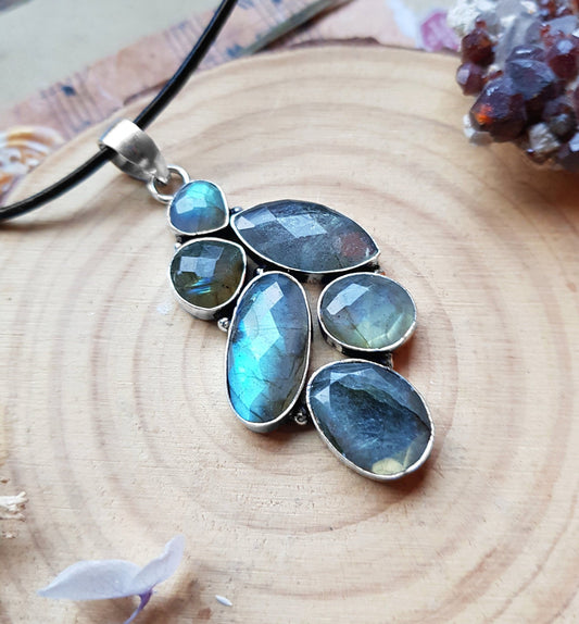 Multi Stone Blue Labradorite Pendant In Sterling Silver Big Statement Pendant - LunarGem - 