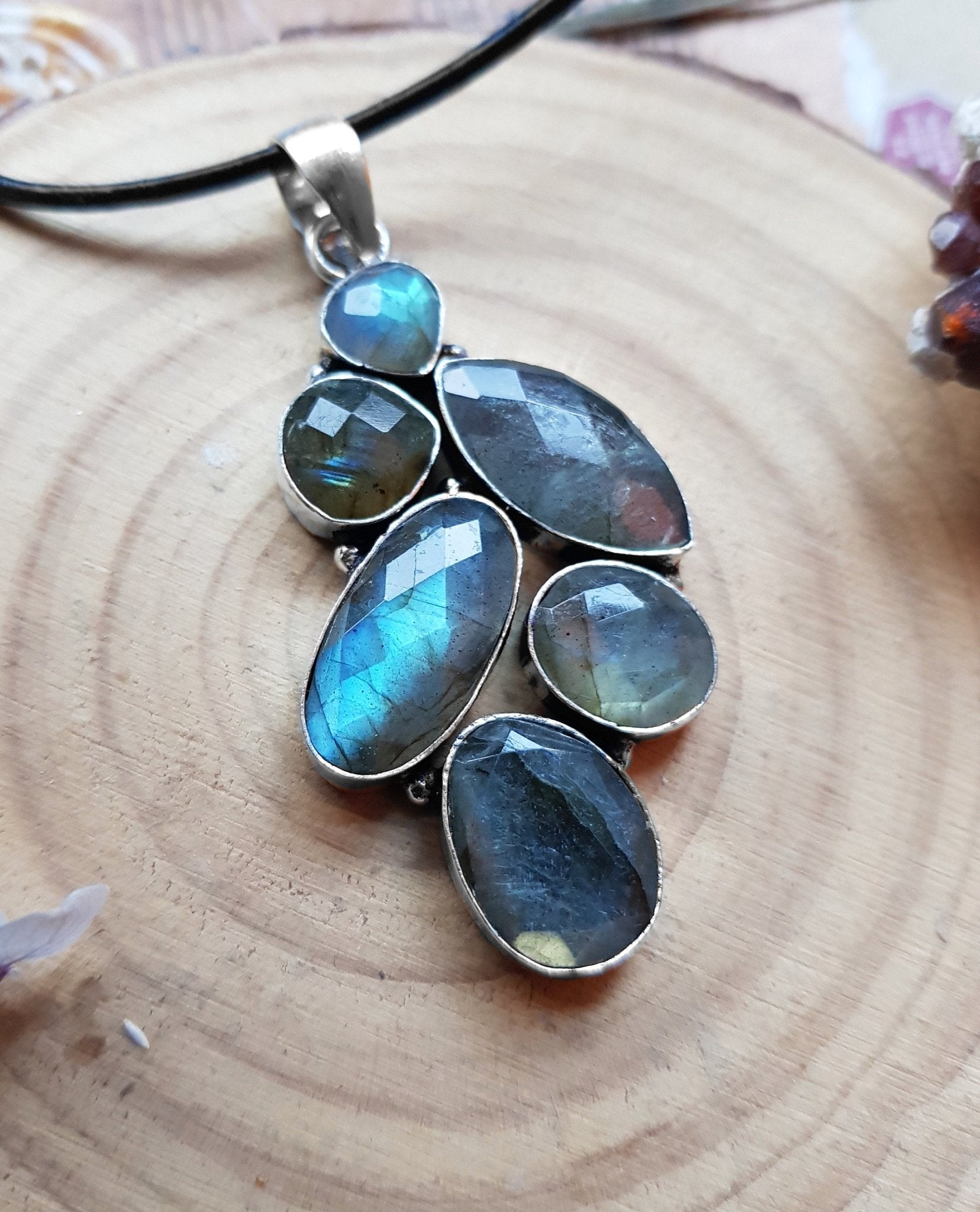 Multi Stone Blue Labradorite Pendant In Sterling Silver Big Statement Pendant - LunarGem - 