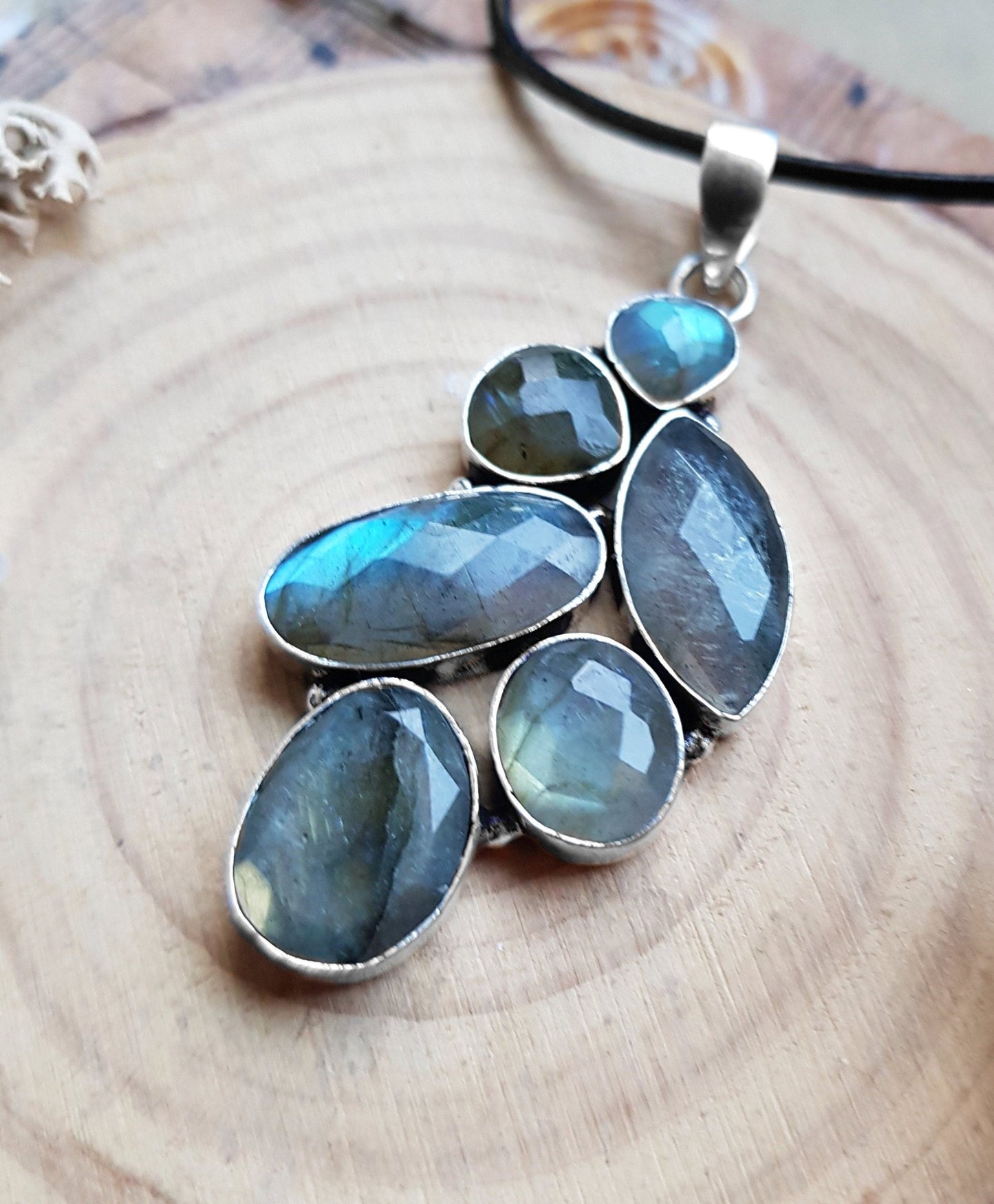 Multi Stone Blue Labradorite Pendant In Sterling Silver Big Statement Pendant - LunarGem - 