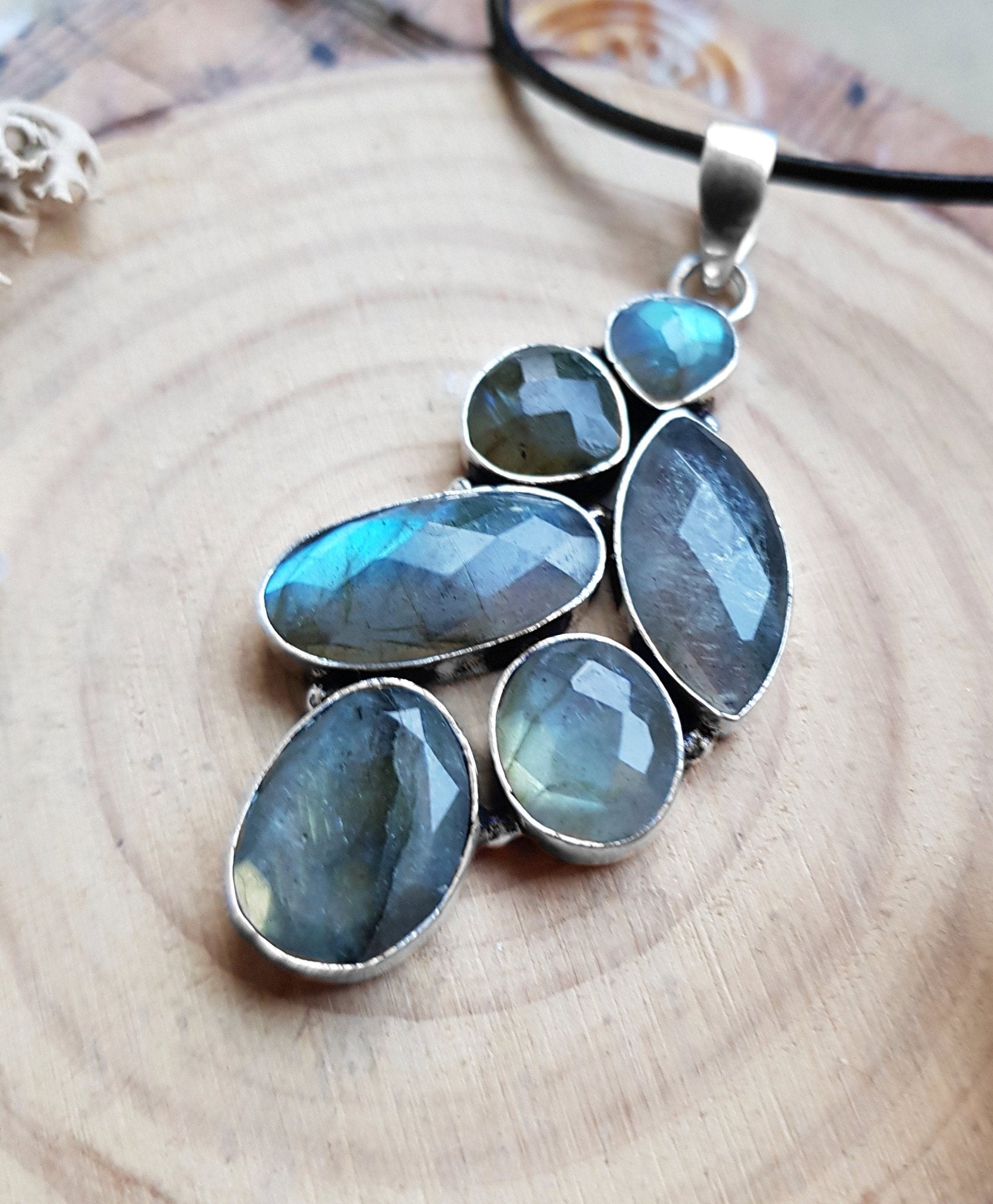 Multi Stone Blue Labradorite Pendant In Sterling Silver Big Statement Pendant - LunarGem - 