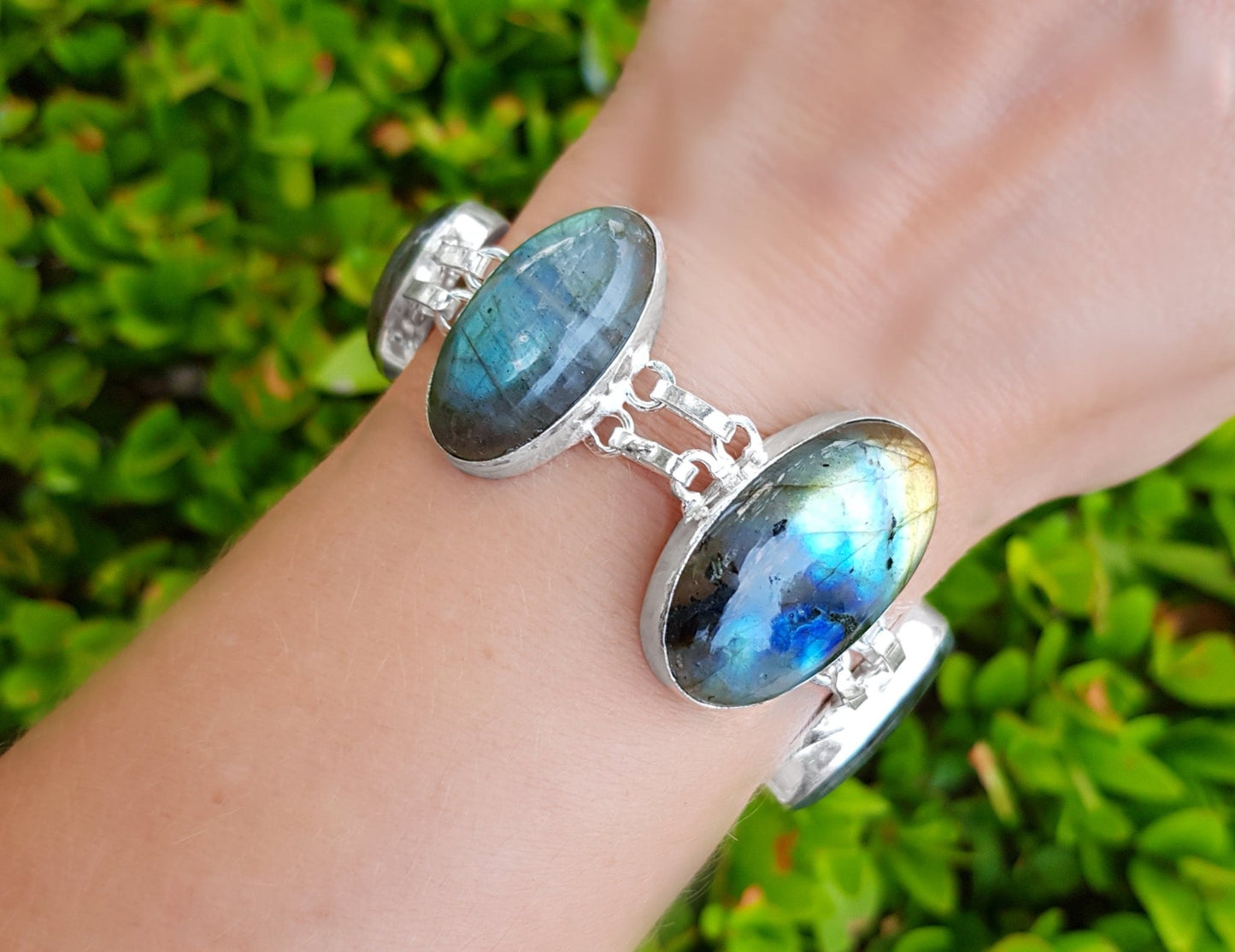 Multi Stone Labradorite Bracelet In Sterling Silver Adjustable Big Boho Bracelet Unique Gift For Her GypsyJewelry - LunarGem - Bracelets