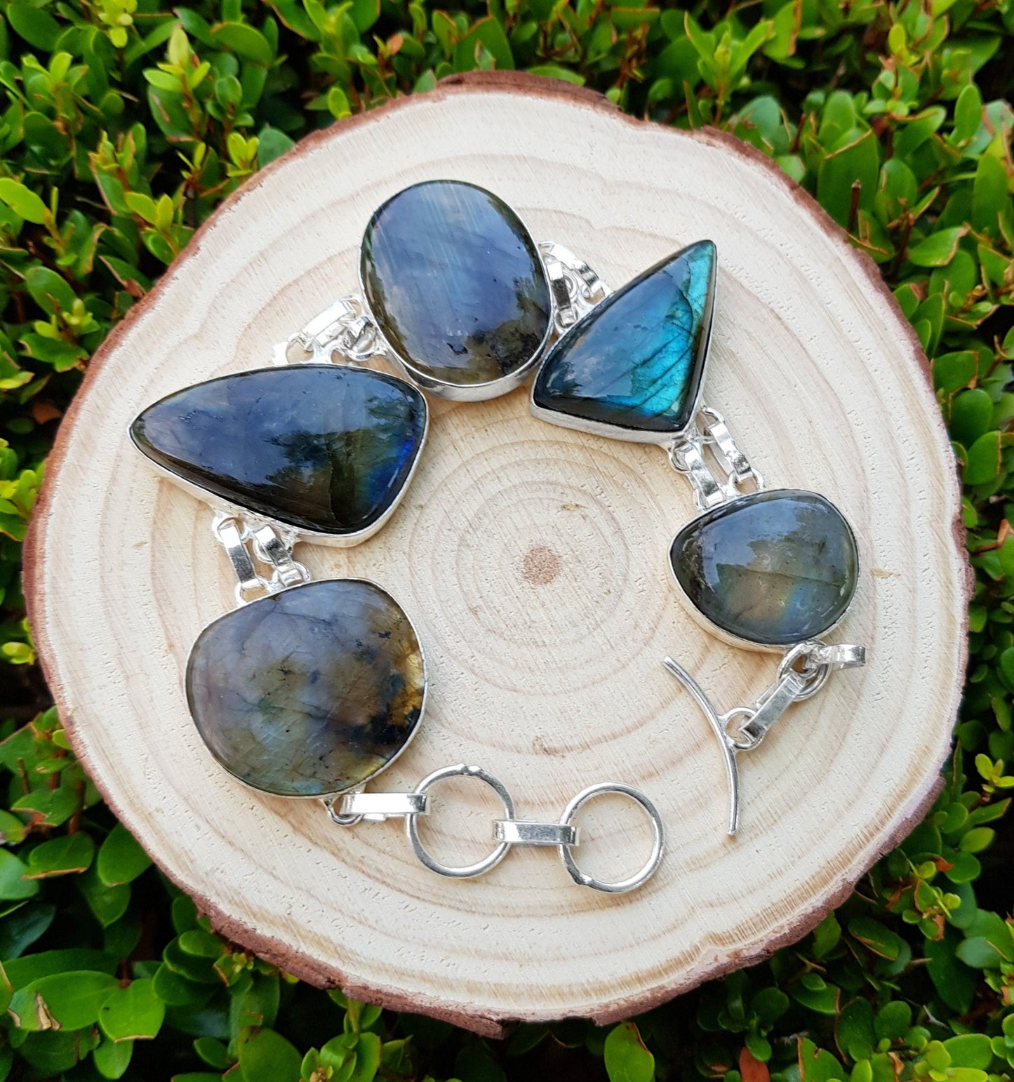 Multi Stone Labradorite Bracelet In Sterling Silver Adjustable Big Boho Bracelet Unique Gift For Her GypsyJewelry - LunarGem - Bracelets