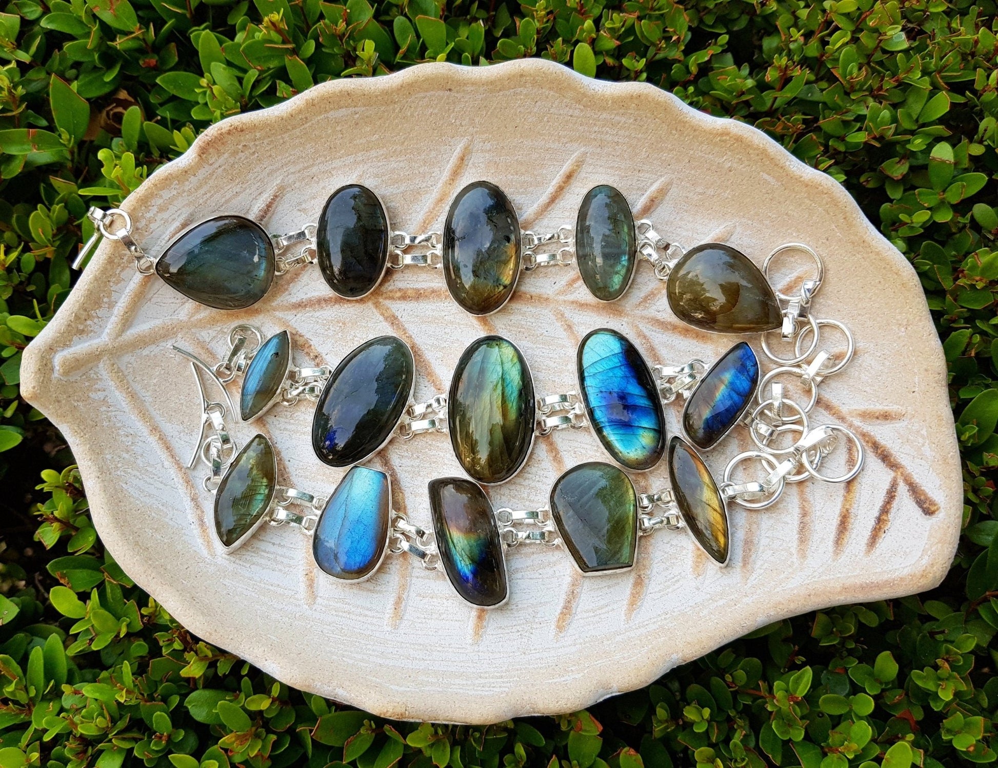 Multi Stone Labradorite Bracelet In Sterling Silver Adjustable Big Boho Bracelet Unique Gift For Her GypsyJewelry - LunarGem - Bracelets