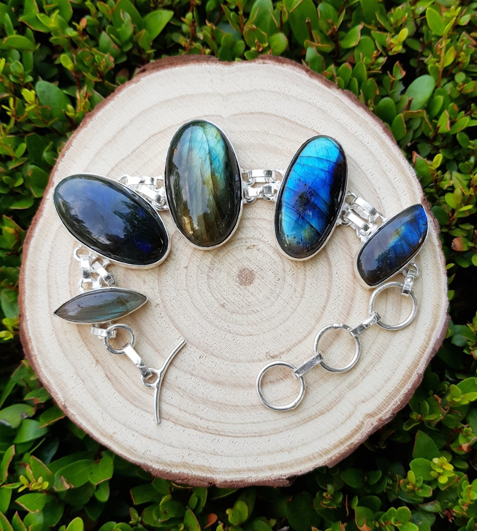 Multi Stone Labradorite Bracelet In Sterling Silver Adjustable Big Boho Bracelet Unique Gift For Her GypsyJewelry - LunarGem - Bracelets