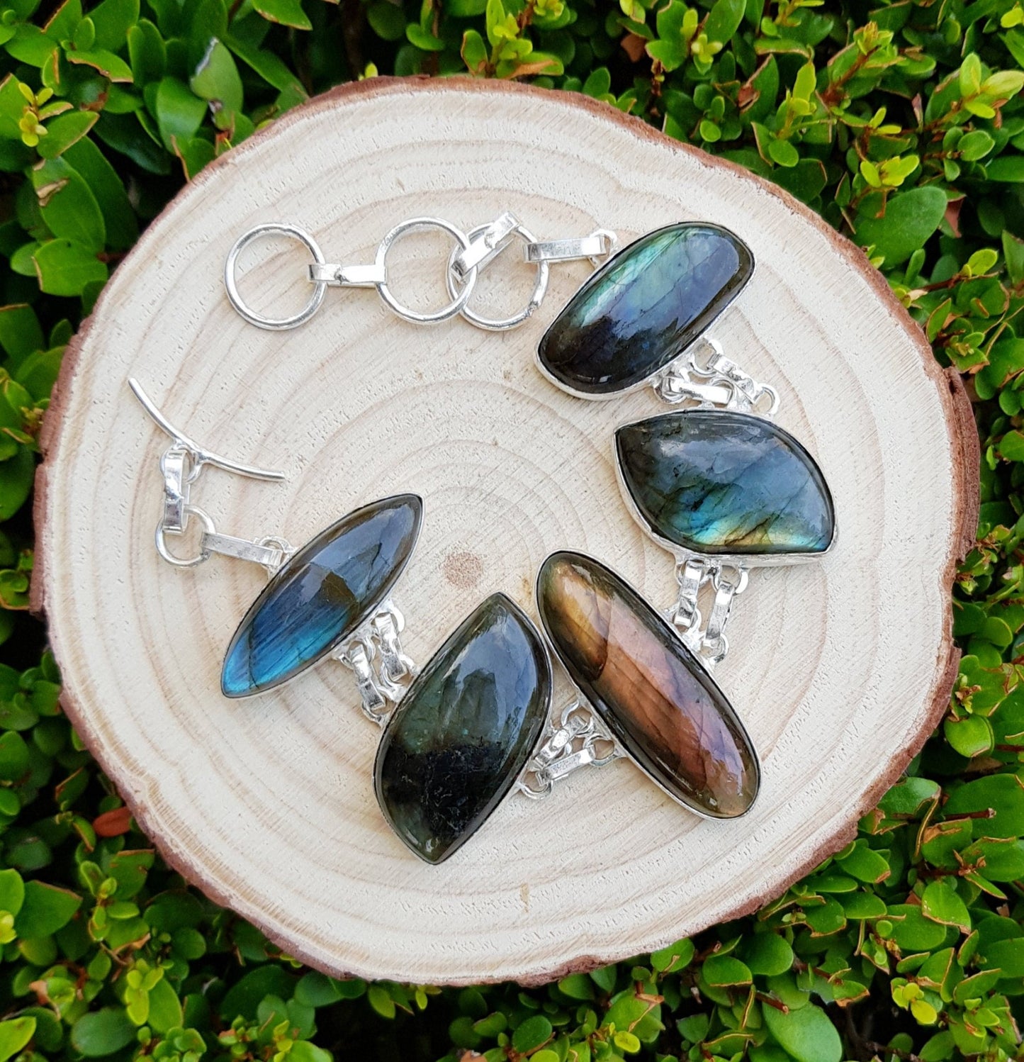 Multi Stone Labradorite Bracelet In Sterling Silver Adjustable Big Boho Bracelet Unique Gift For Her GypsyJewelry - LunarGem - Bracelets