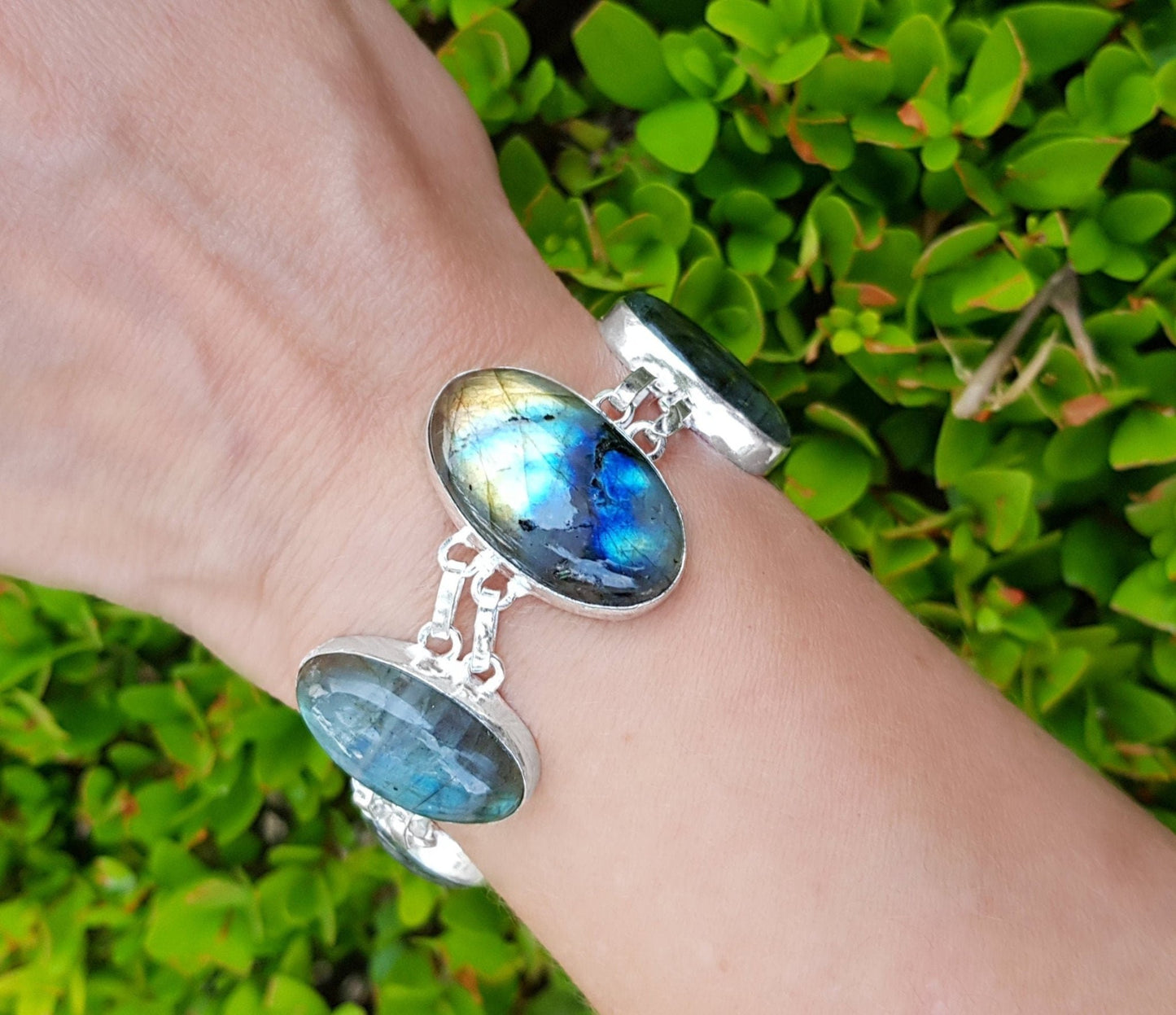 Multi Stone Labradorite Bracelet In Sterling Silver Adjustable Big Boho Bracelet Unique Gift For Her GypsyJewelry - LunarGem - Bracelets