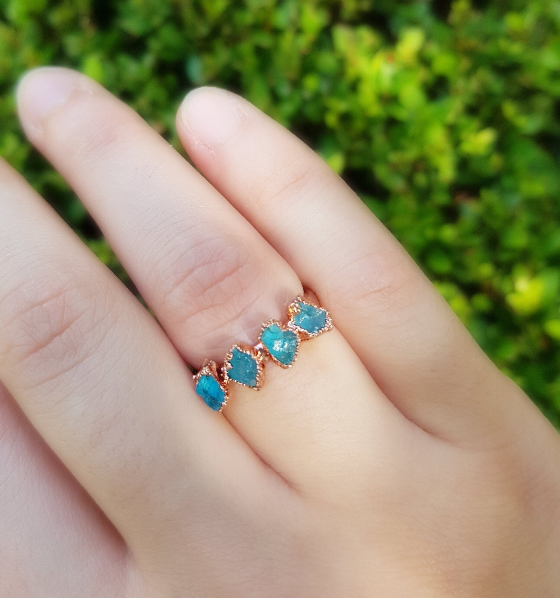 Natural Apatite Electroformed Copper Ring Size US 6 Stackable Ring - LunarGem - Rings