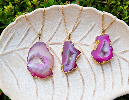 Pink Raw Druzy Agate Pendant Gold Plated Statement Pendant - LunarGem - Charms & Pendants