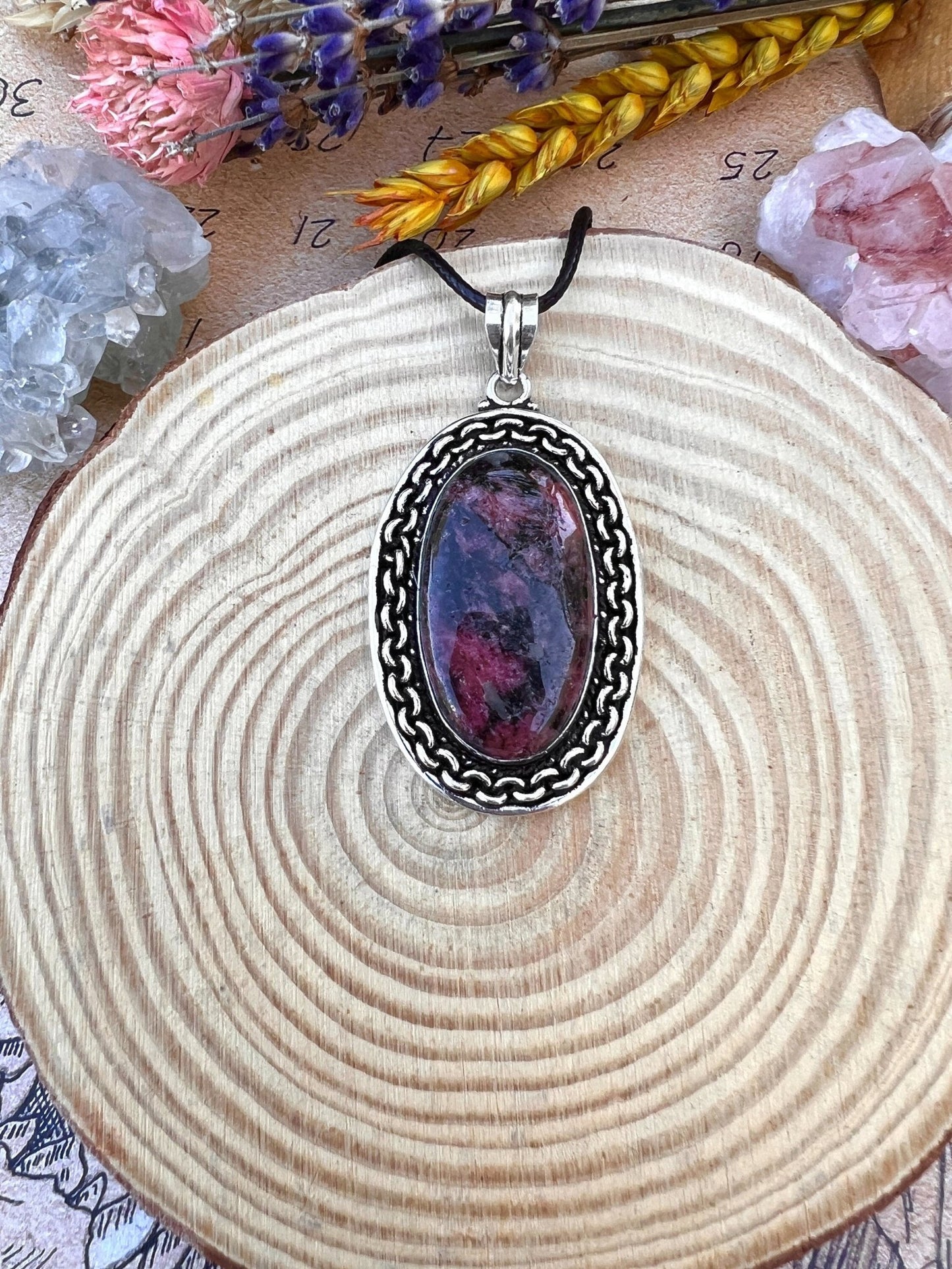 Pink Rhodonite Pendant In Sterling Silver Boho Crystal Necklace Unique Gift Gypsy Jewellery - LunarGem - 