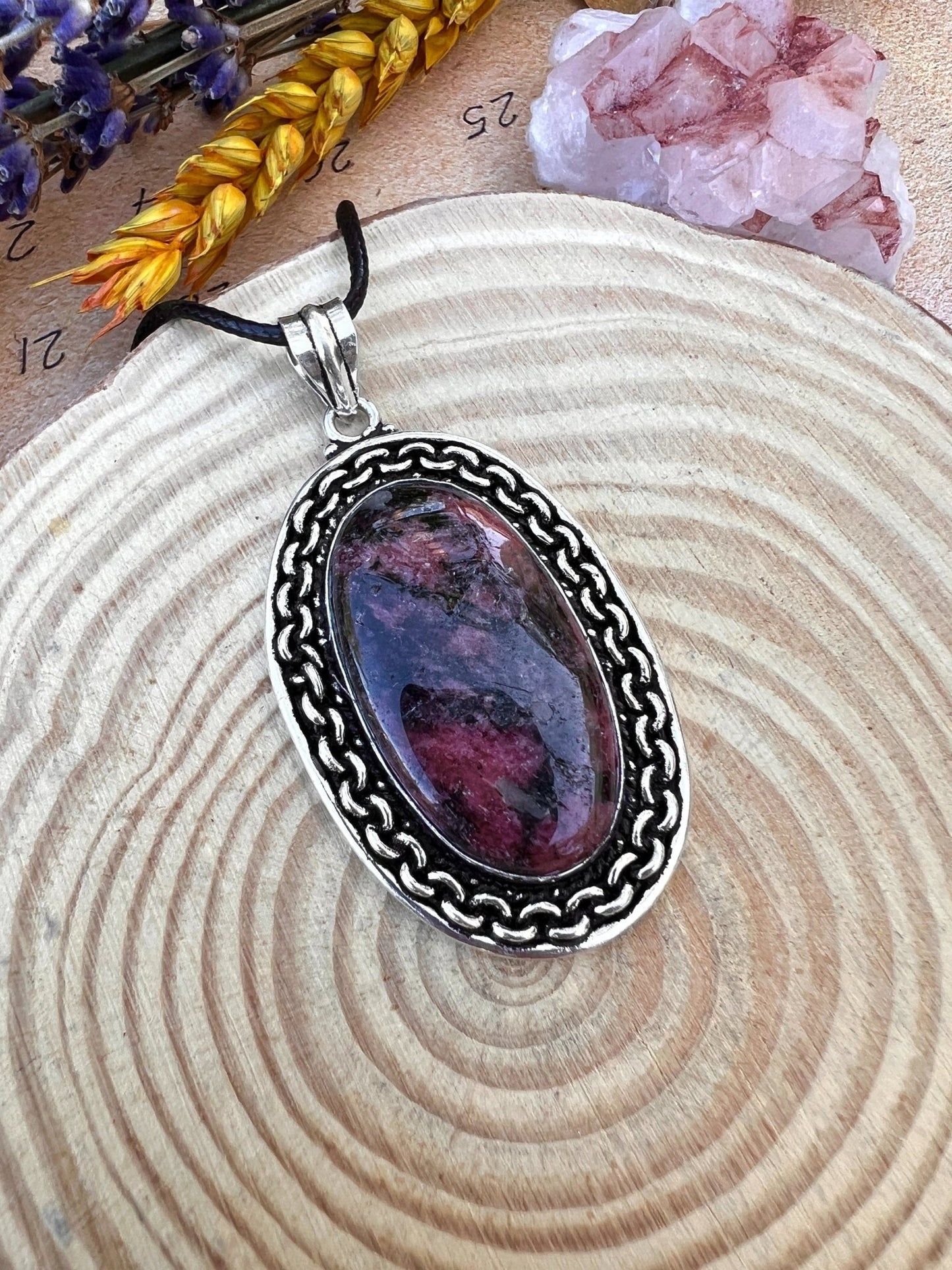 Pink Rhodonite Pendant In Sterling Silver Boho Crystal Necklace Unique Gift Gypsy Jewellery - LunarGem - 