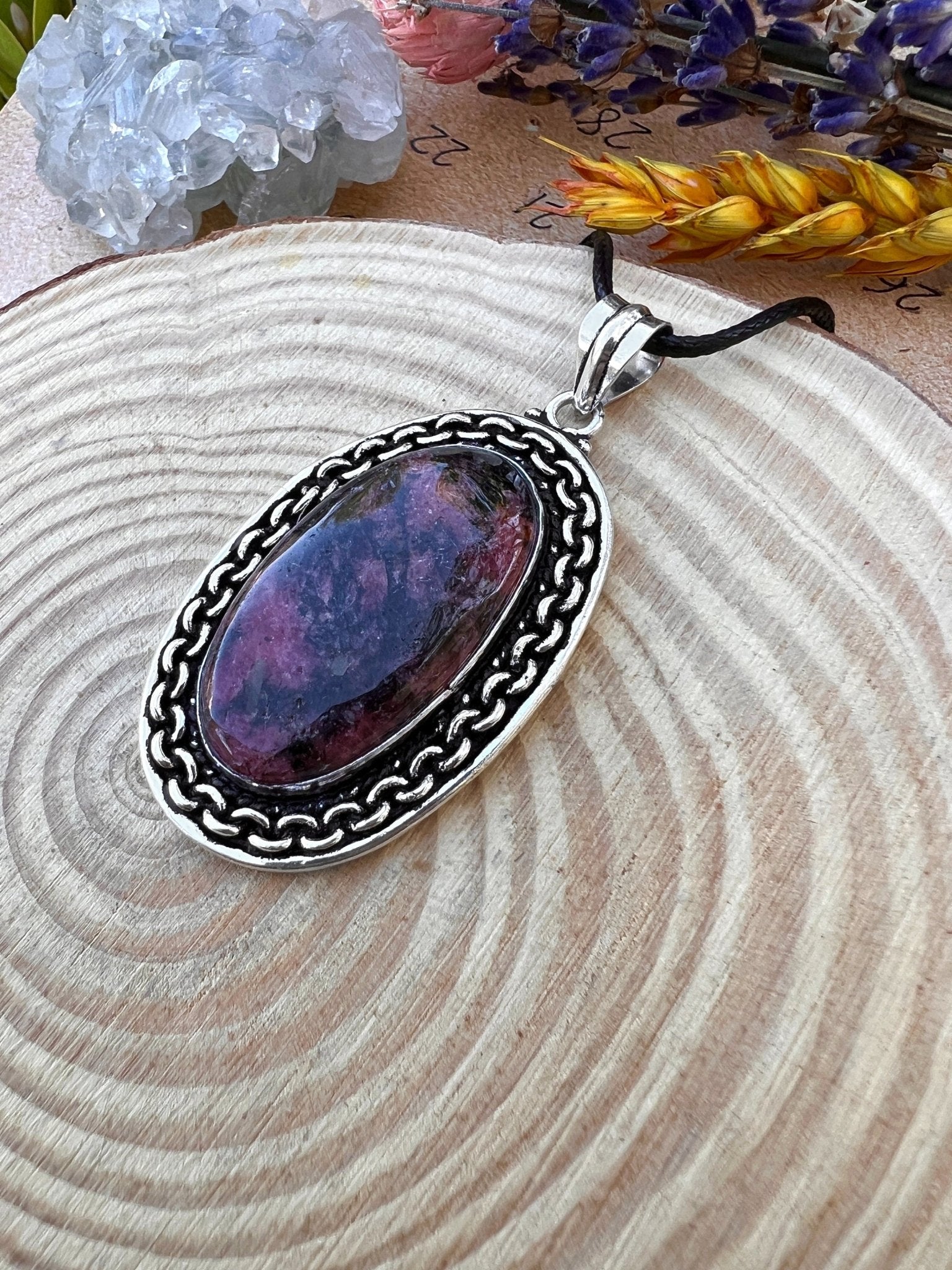 Pink Rhodonite Pendant In Sterling Silver Boho Crystal Necklace Unique Gift Gypsy Jewellery - LunarGem - 