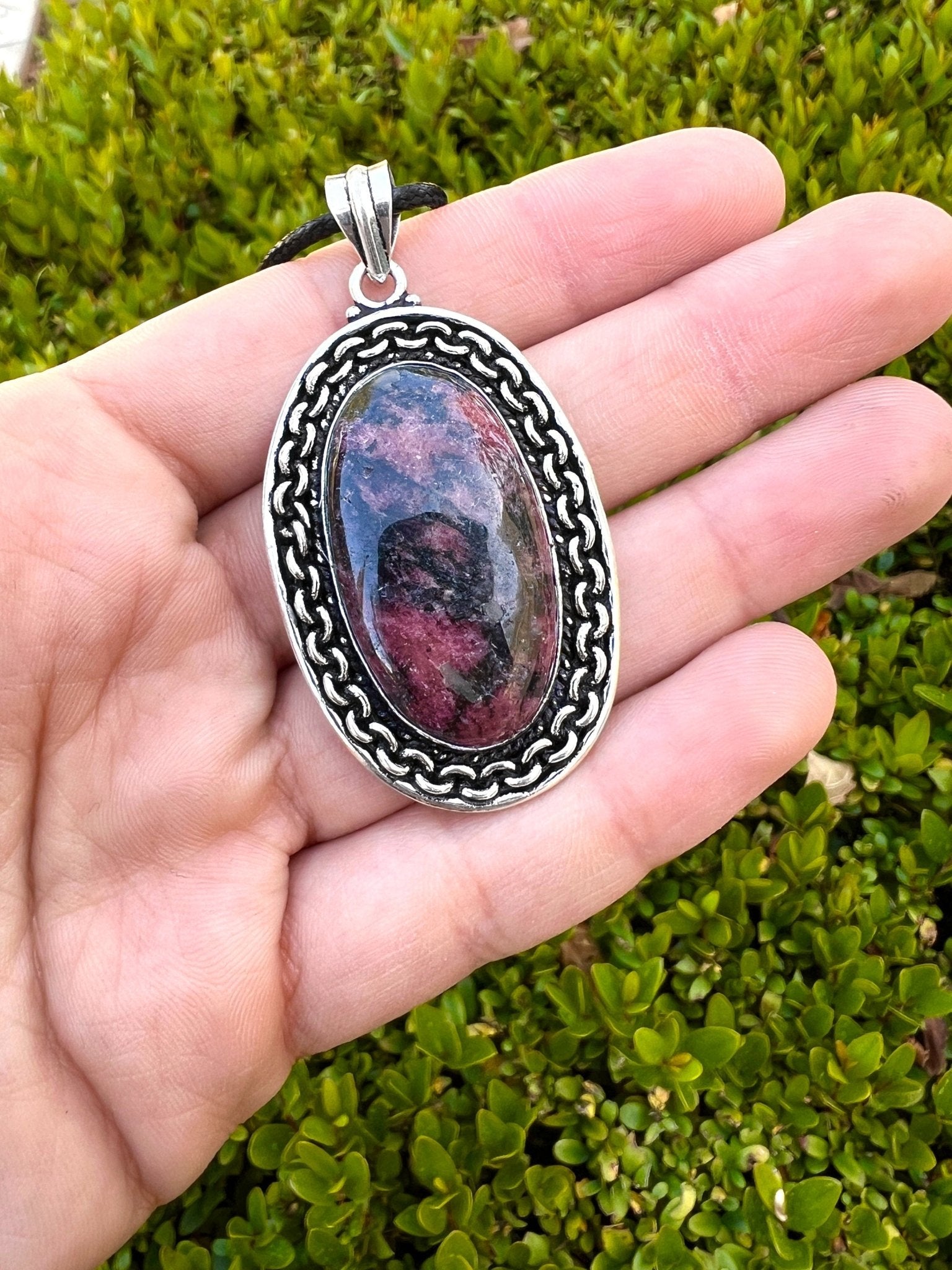 Pink Rhodonite Pendant In Sterling Silver Boho Crystal Necklace Unique Gift Gypsy Jewellery - LunarGem - 