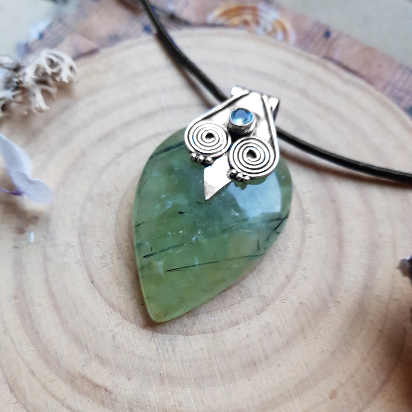 Prehnite Gemstone Pendant Sterling Silver Statement Pendant Gypsy Jewelry Unique Gift For Her - LunarGem - 