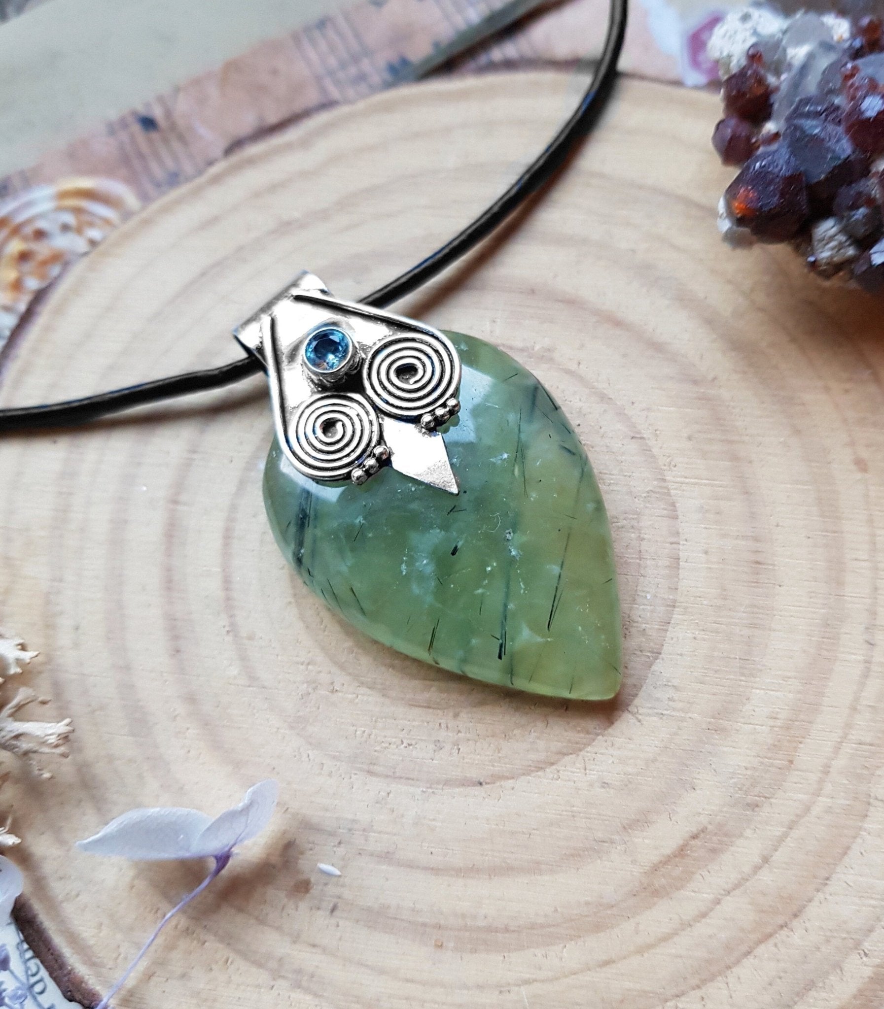 Prehnite Gemstone Pendant Sterling Silver Statement Pendant Gypsy Jewelry Unique Gift For Her - LunarGem - 