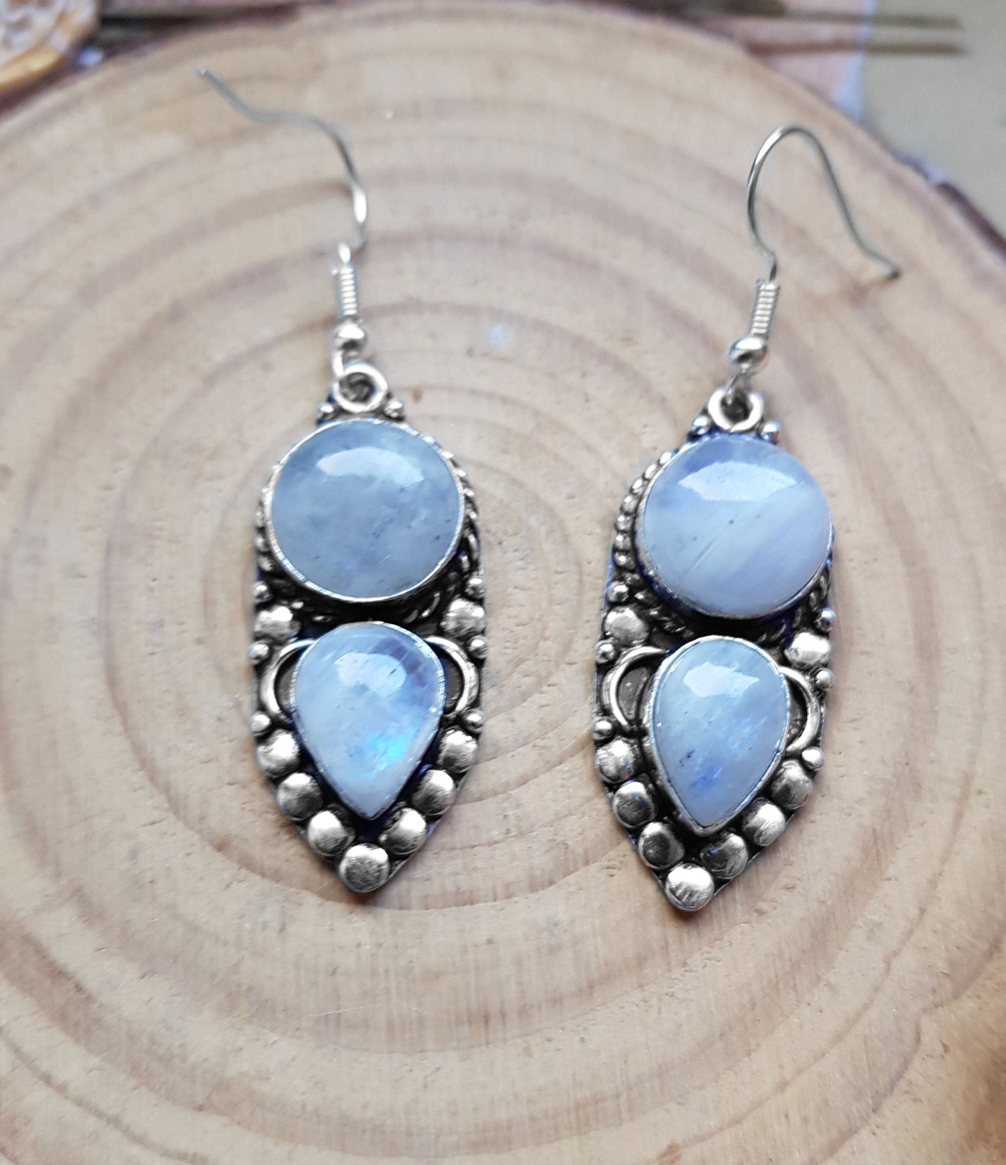 Rainbow Moonstone Earrings In Sterling Silver Rustic Dangle Earrings GypsyJewelry Boho Earrings - LunarGem - 