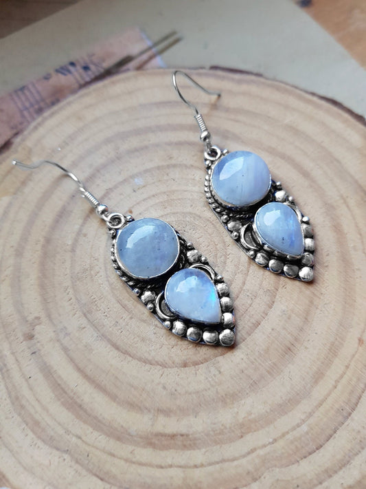 Rainbow Moonstone Earrings In Sterling Silver Rustic Dangle Earrings GypsyJewelry Boho Earrings - LunarGem - 