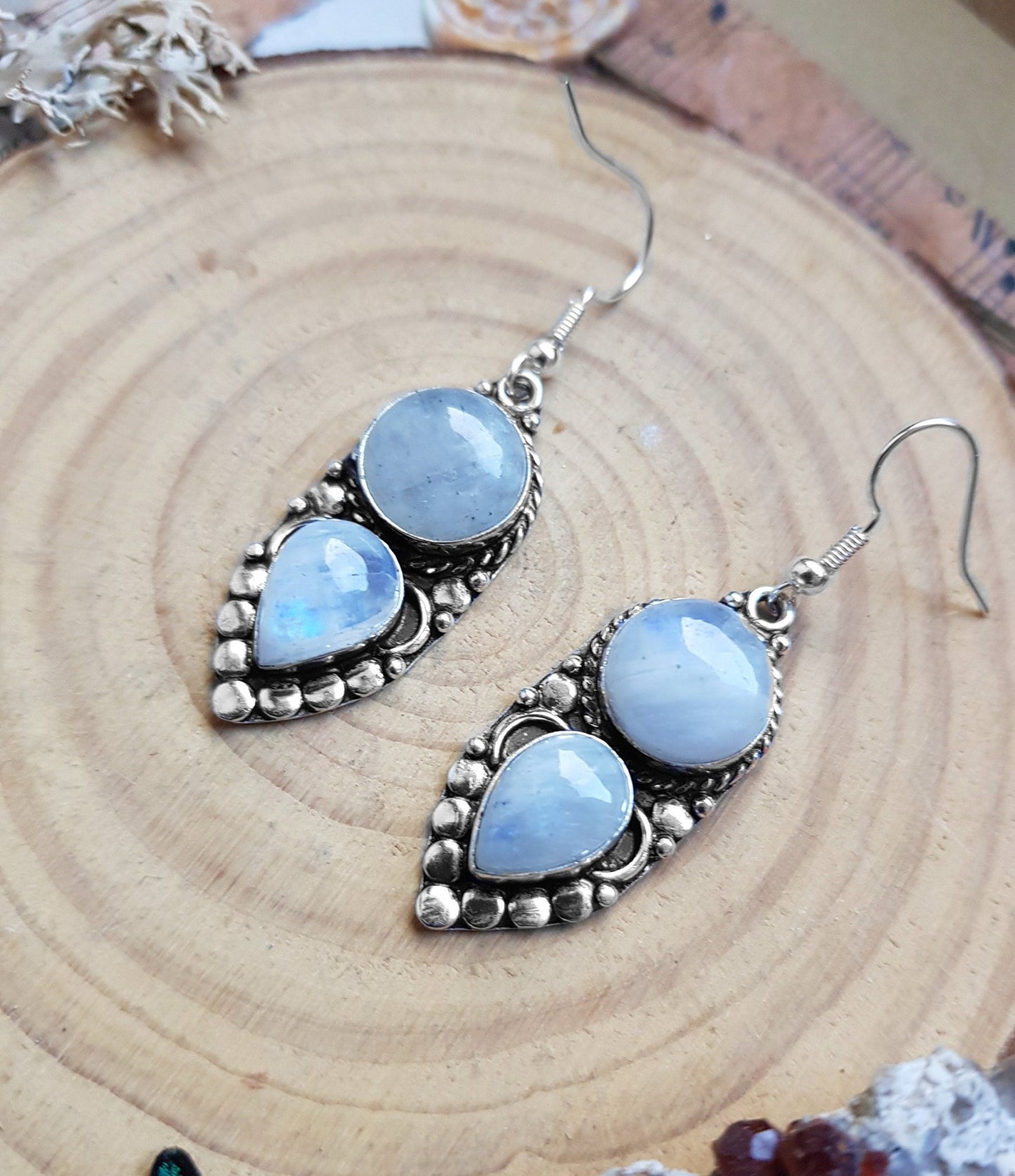 Rainbow Moonstone Earrings In Sterling Silver Rustic Dangle Earrings GypsyJewelry Boho Earrings - LunarGem - 