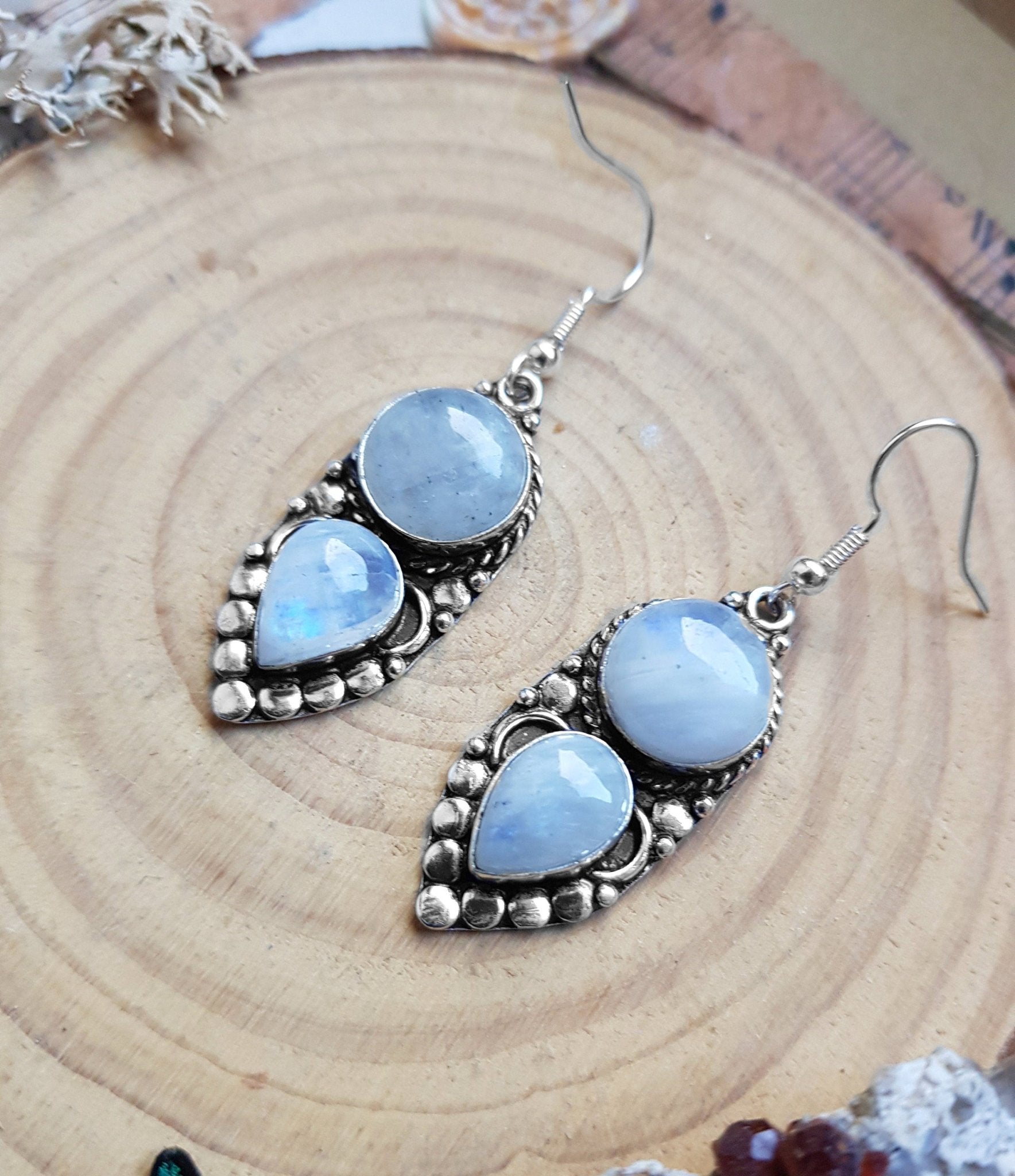 Rainbow Moonstone Earrings In Sterling Silver Rustic Dangle Earrings GypsyJewelry Boho Earrings - LunarGem - 