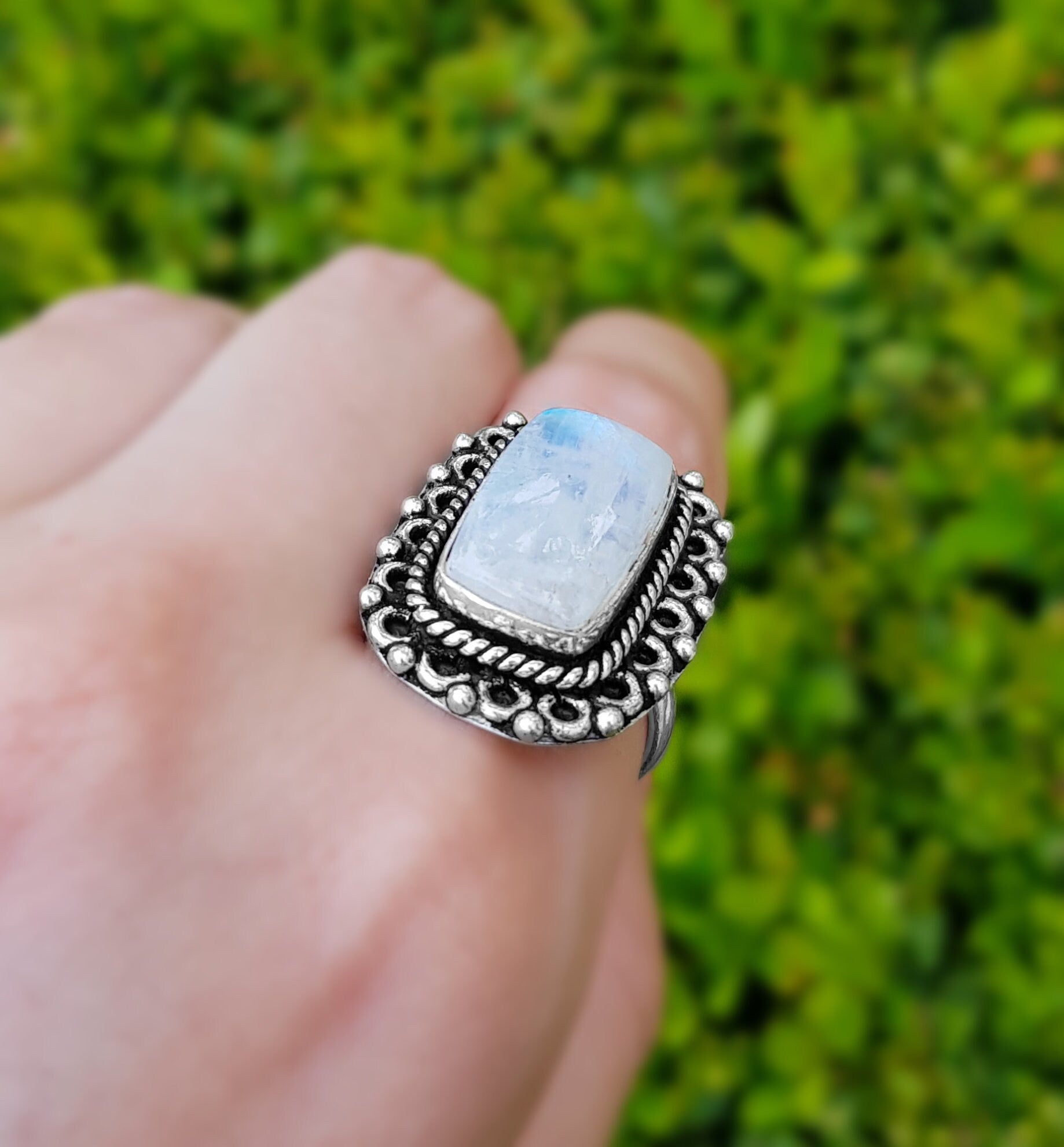 Rainbow Moonstone Statement Ring Sterling Silver Boho Rings Size US 7 1/2 Unique Jewelry One Of A Kind Gift GypsyJewelry - LunarGem - Rings