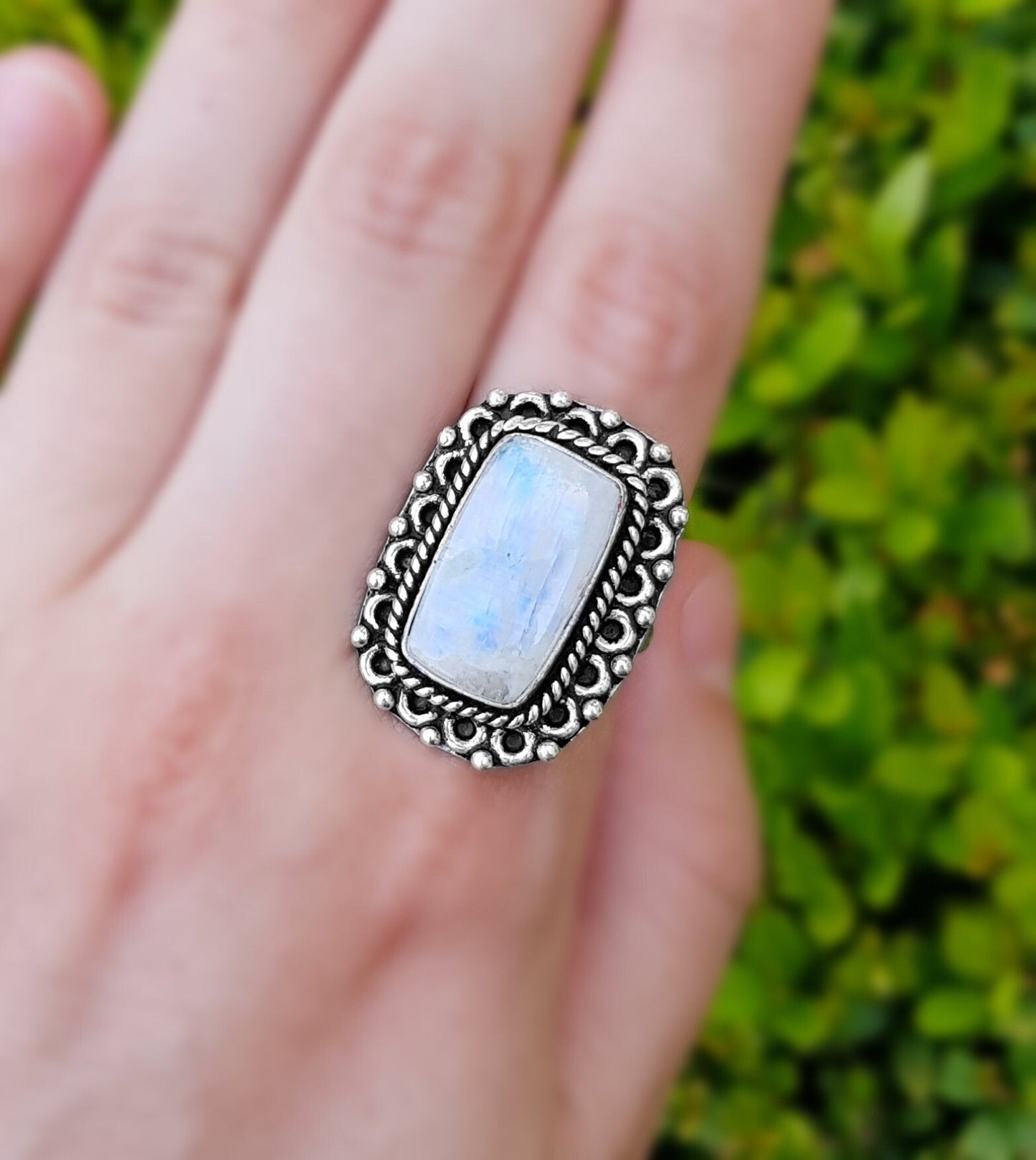Rainbow Moonstone Statement Ring Sterling Silver Boho Rings Size US 7 1/2 Unique Jewelry One Of A Kind Gift GypsyJewelry - LunarGem - Rings