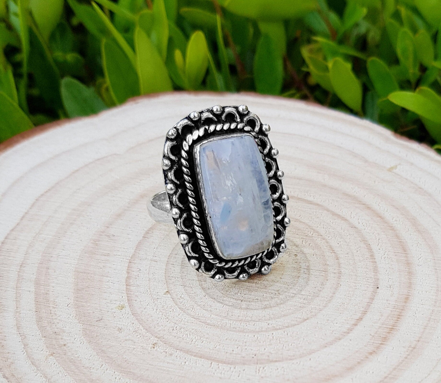 Rainbow Moonstone Statement Ring Sterling Silver Boho Rings Size US 7 1/2 Unique Jewelry One Of A Kind Gift GypsyJewelry - LunarGem - Rings