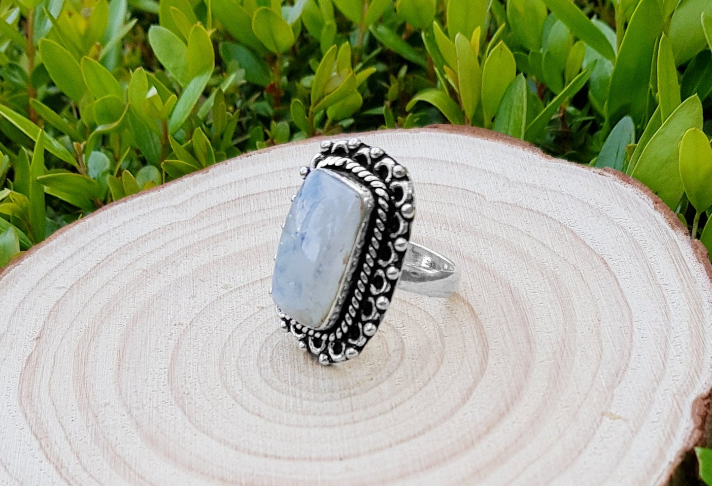 Rainbow Moonstone Statement Ring Sterling Silver Boho Rings Size US 7 1/2 Unique Jewelry One Of A Kind Gift GypsyJewelry - LunarGem - Rings