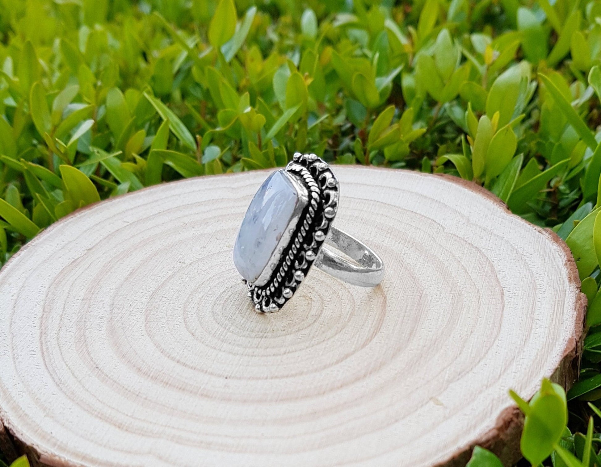 Rainbow Moonstone Statement Ring Sterling Silver Boho Rings Size US 7 1/2 Unique Jewelry One Of A Kind Gift GypsyJewelry - LunarGem - Rings