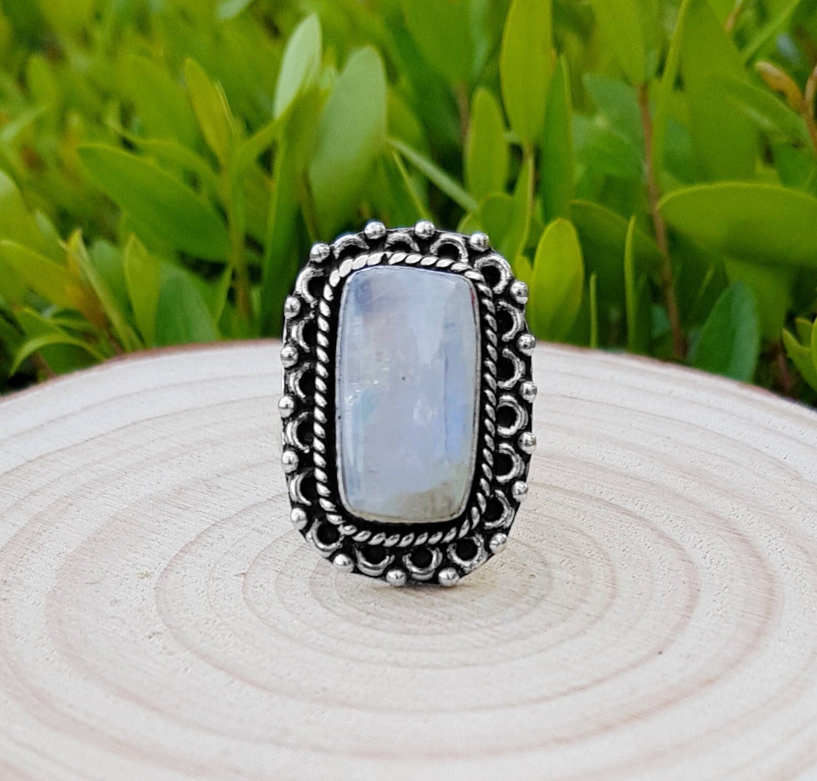 Rainbow Moonstone Statement Ring Sterling Silver Boho Rings Size US 7 1/2 Unique Jewelry One Of A Kind Gift GypsyJewelry - LunarGem - Rings