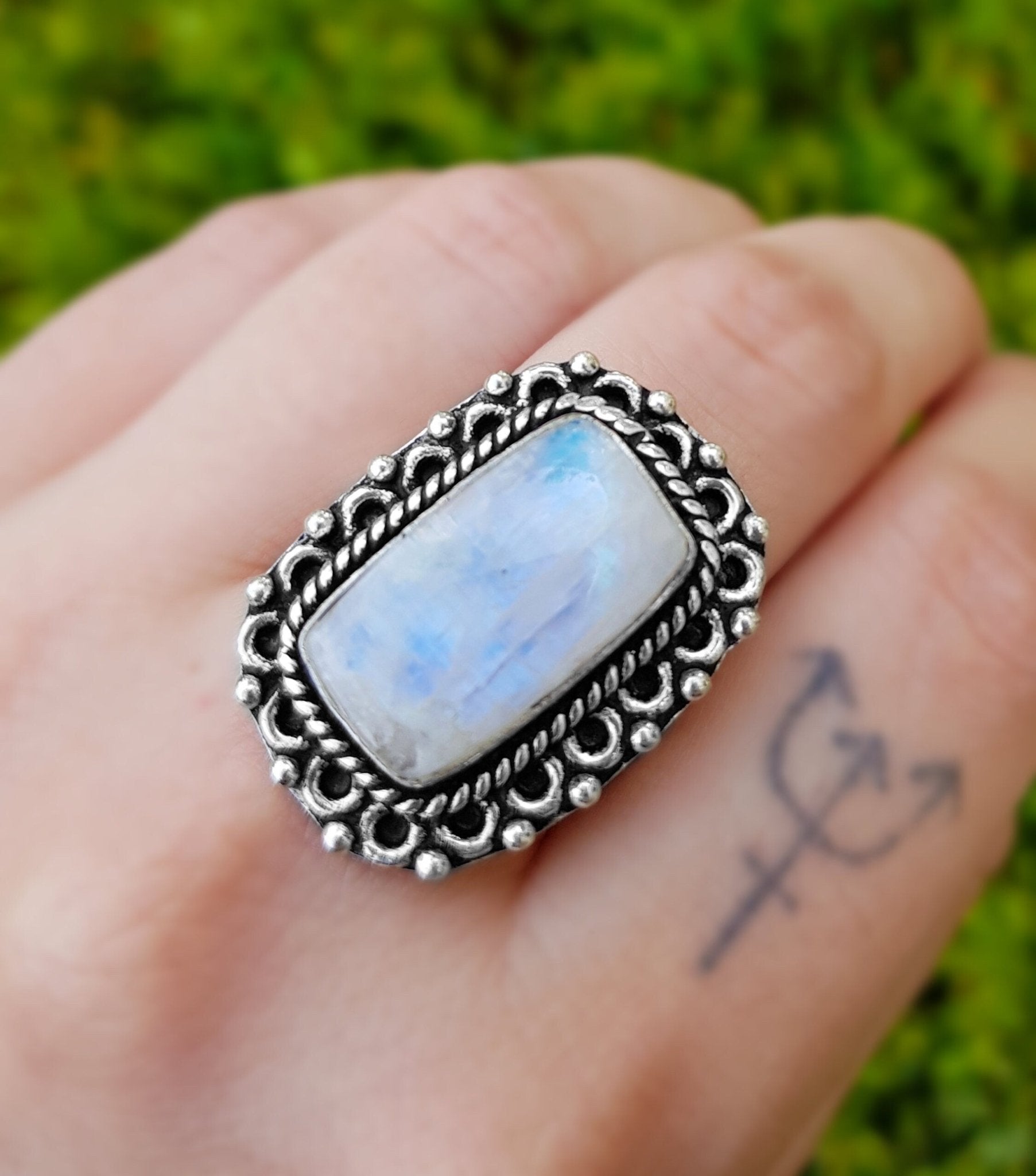 Rainbow Moonstone Statement Ring Sterling Silver Boho Rings Size US 7 1/2 Unique Jewelry One Of A Kind Gift GypsyJewelry - LunarGem - Rings