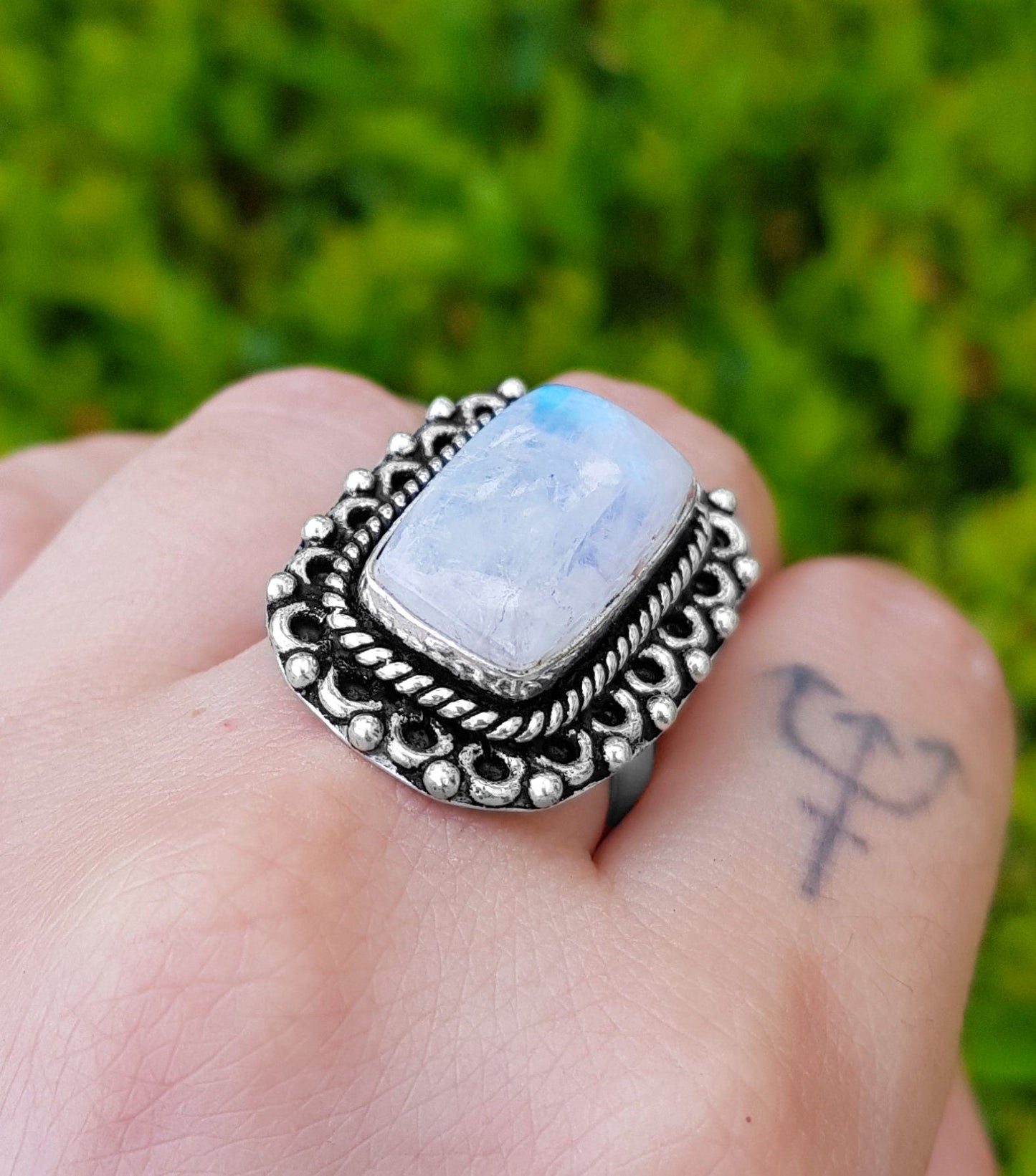 Rainbow Moonstone Statement Ring Sterling Silver Boho Rings Size US 7 1/2 Unique Jewelry One Of A Kind Gift GypsyJewelry - LunarGem - Rings