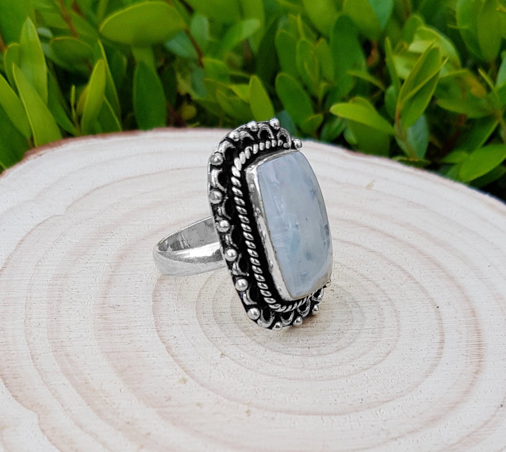 Rainbow Moonstone Statement Ring Sterling Silver Boho Rings Size US 7 1/2 Unique Jewelry One Of A Kind Gift GypsyJewelry - LunarGem - Rings
