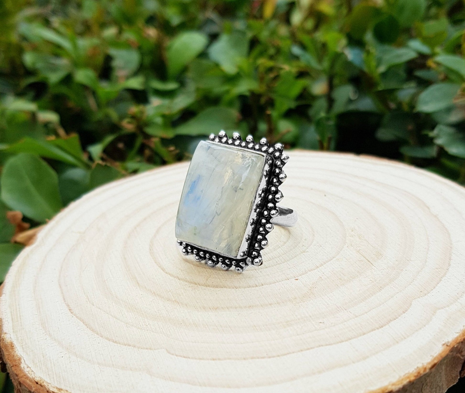 Rainbow Moonstone Statement Ring Sterling Silver Boho Rings Size US 7 Unique Jewelry One Of A Kind Gift GypsyJewelry - LunarGem - Rings