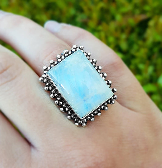 Rainbow Moonstone Statement Ring Sterling Silver Boho Rings Size US 7 Unique Jewelry One Of A Kind Gift GypsyJewelry - LunarGem - Rings