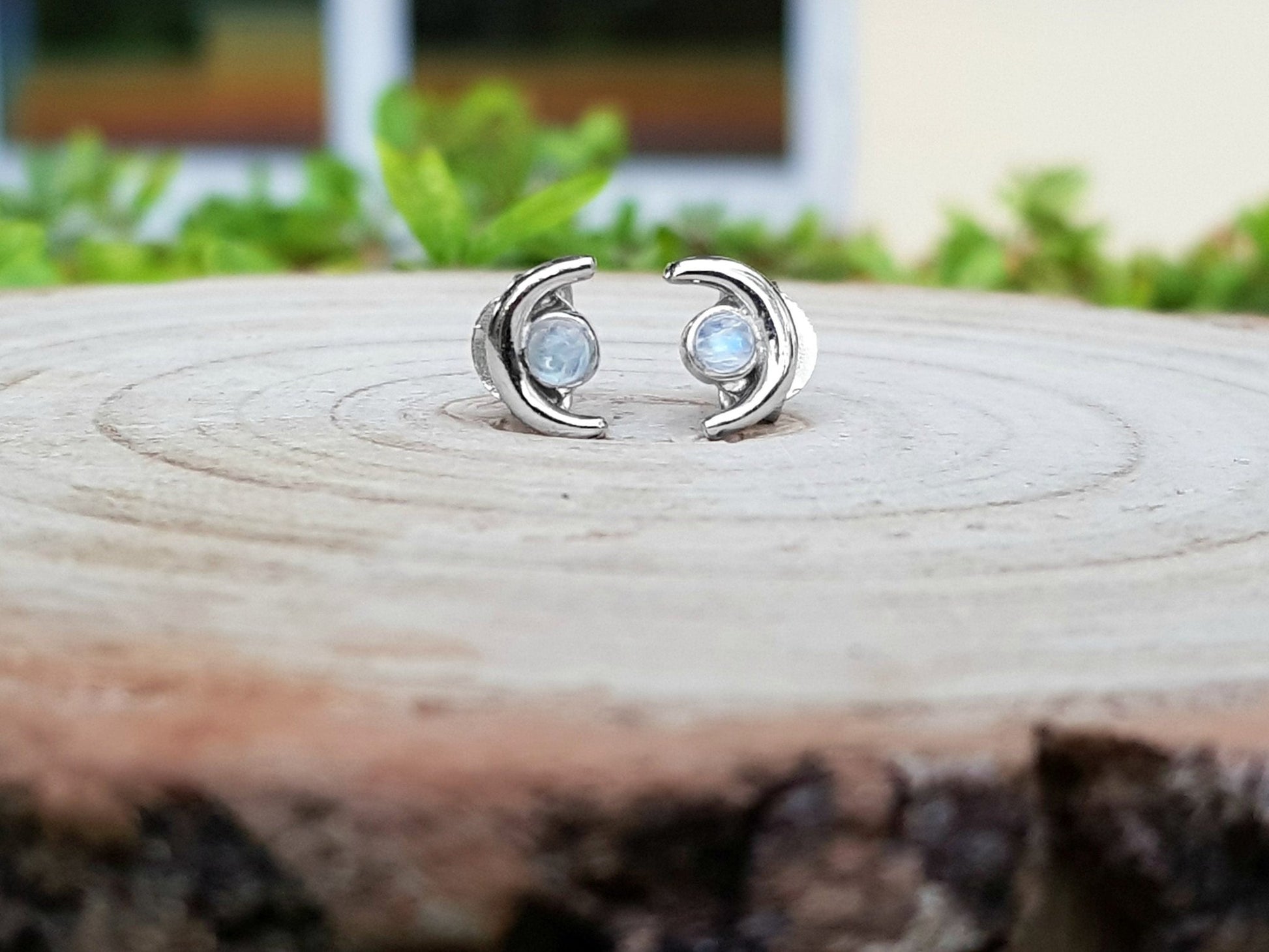 Rainbow Moonstone Stud Birthstone Earrings - LunarGem - Earrings